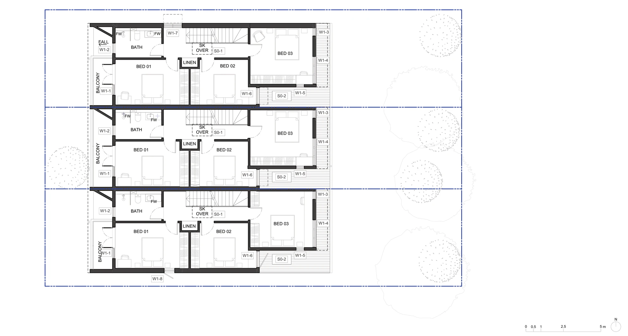 Pattern Book Terraces 02 first floor plan A-303 for LMR housing areas, showing three bedrooms, a bathroom, a linen cupboard, a stair with a skylight over and a balcony to the principal bedroom in each of the three homes