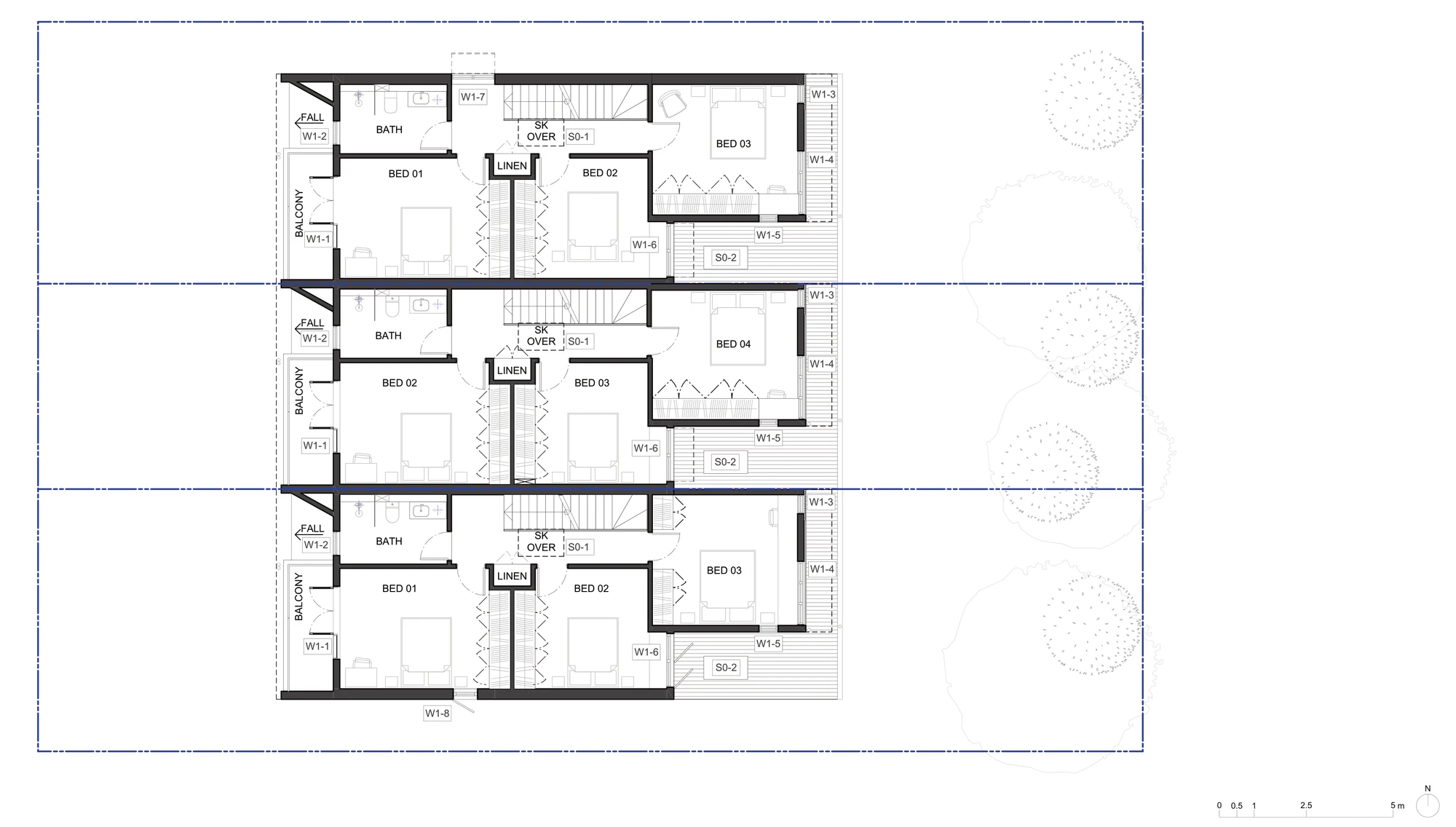 Pattern Book Terraces 02 first floor plan A-313 for non LMR housing areas, showing three bedrooms, a bathroom and a balcony in the two end homes and three further bedrooms above the ground floor bedroom in the middle home, making it a four bedroom dwelling