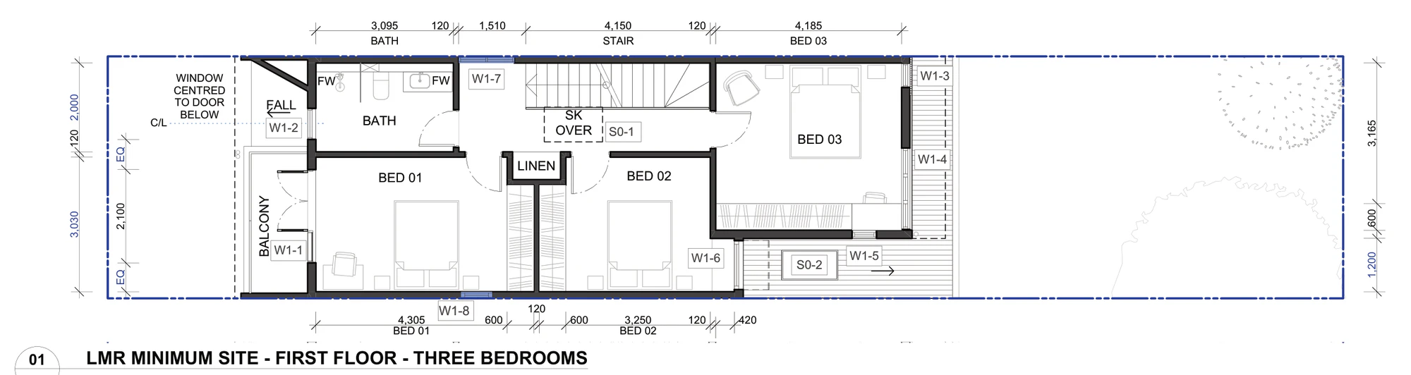 Pattern Book Terraces 02 first floor option 01 for the minimum site, showing three bedrooms of 4.305, 3.25 and 4.185 metres, a 3.095 metre bathroom, a linen cupboard, the stair with a skylight over and a balcony off the principal bedroom
