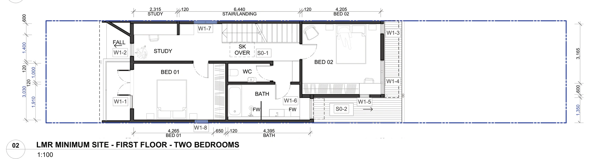 Pattern Book Terraces 02 first floor option 02 for the minimum site, showing a 2.315 metre study to the street, two bedrooms, a separate WC and a 4.395 metre bathroom, the stair with a skylight over and a balcony off the principal bedroom