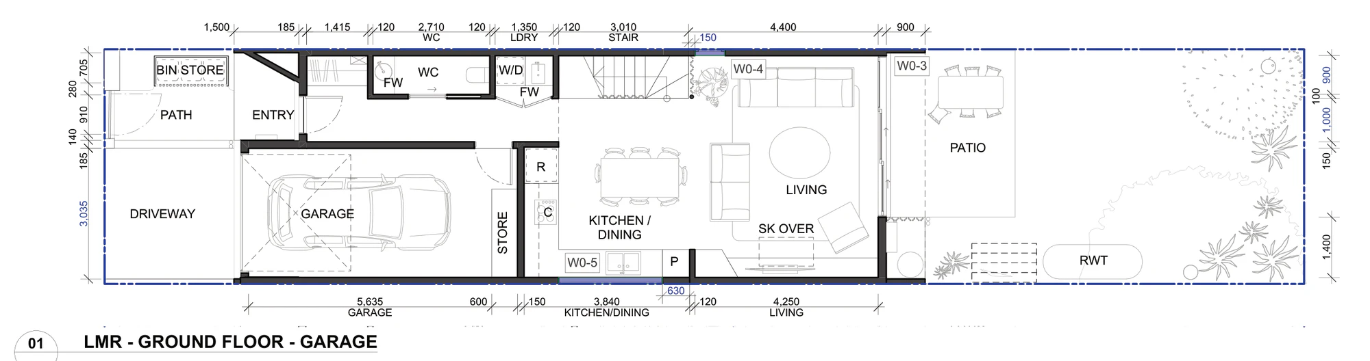 Pattern Book Terraces 02 ground floor option 01, the integrated garage plan, showing the driveway, bin store, entry path, a 5.635 metre garage, a store, a 3.84 metre kitchen and dining room, a 4.25 metre living room with a skylight over, the patio and the rainwater tank