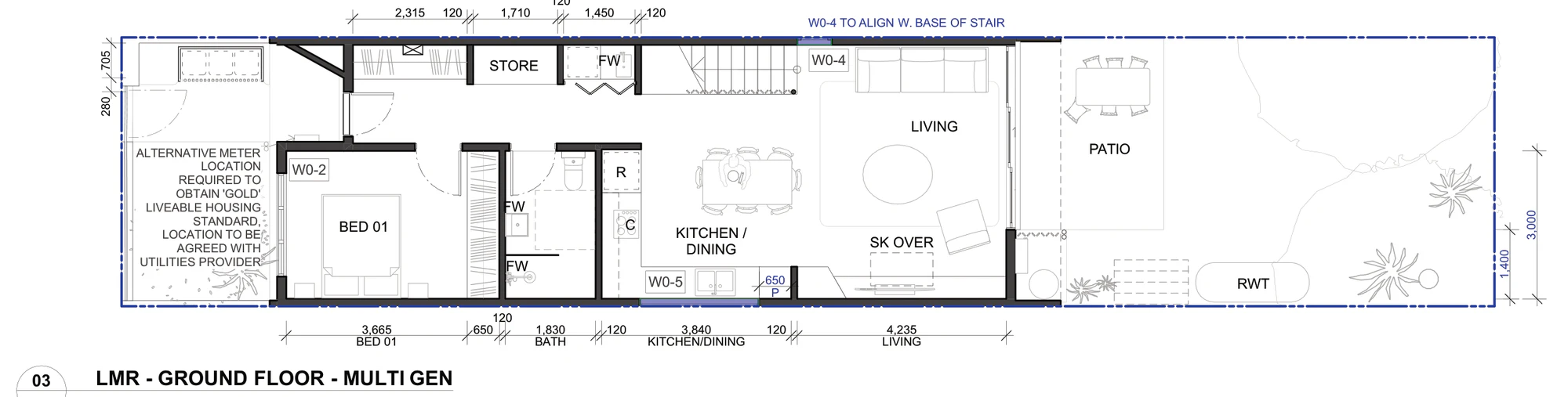 Pattern Book Terraces 02 ground floor option 03, the multi generational layout, showing a 3.665 metre ground floor bedroom to the street, a 1.83 metre bathroom, a store, a 3.84 metre kitchen and dining room, a 4.235 metre living room with a skylight over and the patio