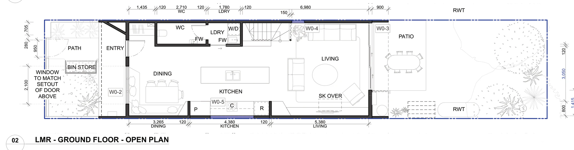 Pattern Book Terraces 02 ground floor option 02, the open plan living layout, showing the entry path and bin store, a 3.265 metre dining room to the street, a 4.38 metre kitchen with an island bench, a 5.38 metre living room with a skylight over, the patio and the rainwater tank