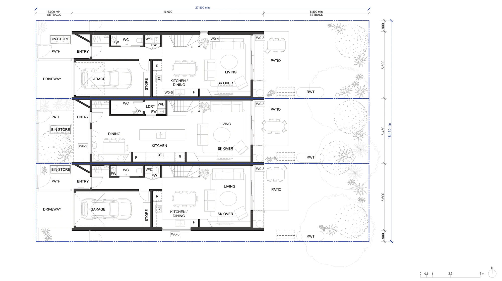 Pattern Book Terraces 02 ground floor plan A-302 for LMR housing areas, showing three terraces of 5.6, 5.45 and 5.6 metres wide with 0.9 metre side setbacks, entries and paths from the street, garages to the two end homes, an open plan kitchen and dining to the middle home, living rooms with skylights over, patios, rainwater tanks and bin stores