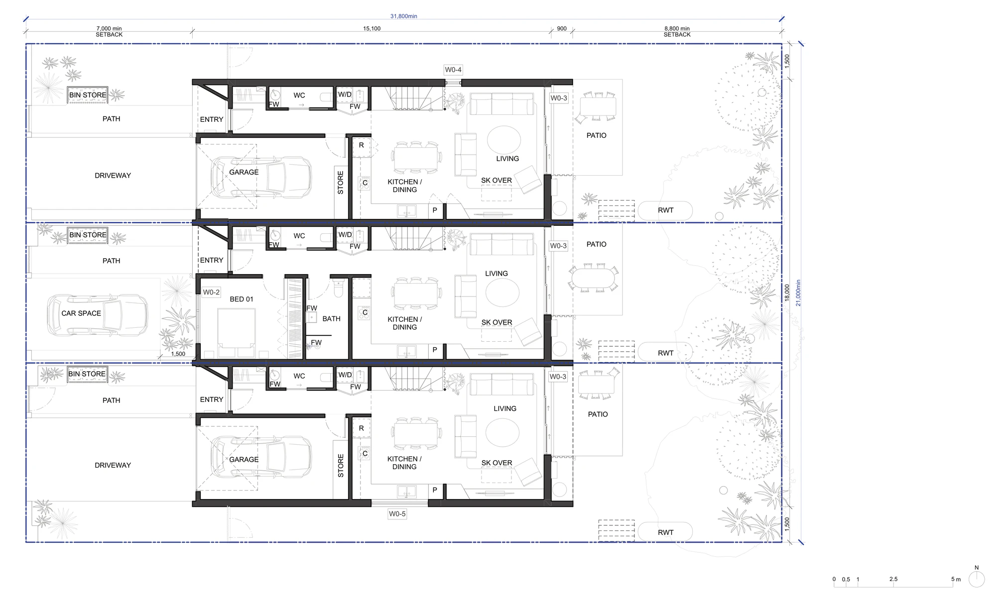 Pattern Book Terraces 02 ground floor plan A-312 for non LMR housing areas, showing an 18 metre wide building with 1.5 metre side setbacks, garages to the two end homes, a ground floor bedroom and bathroom to the middle home with a hardstand car space in front, living rooms with skylights over, patios and rainwater tanks