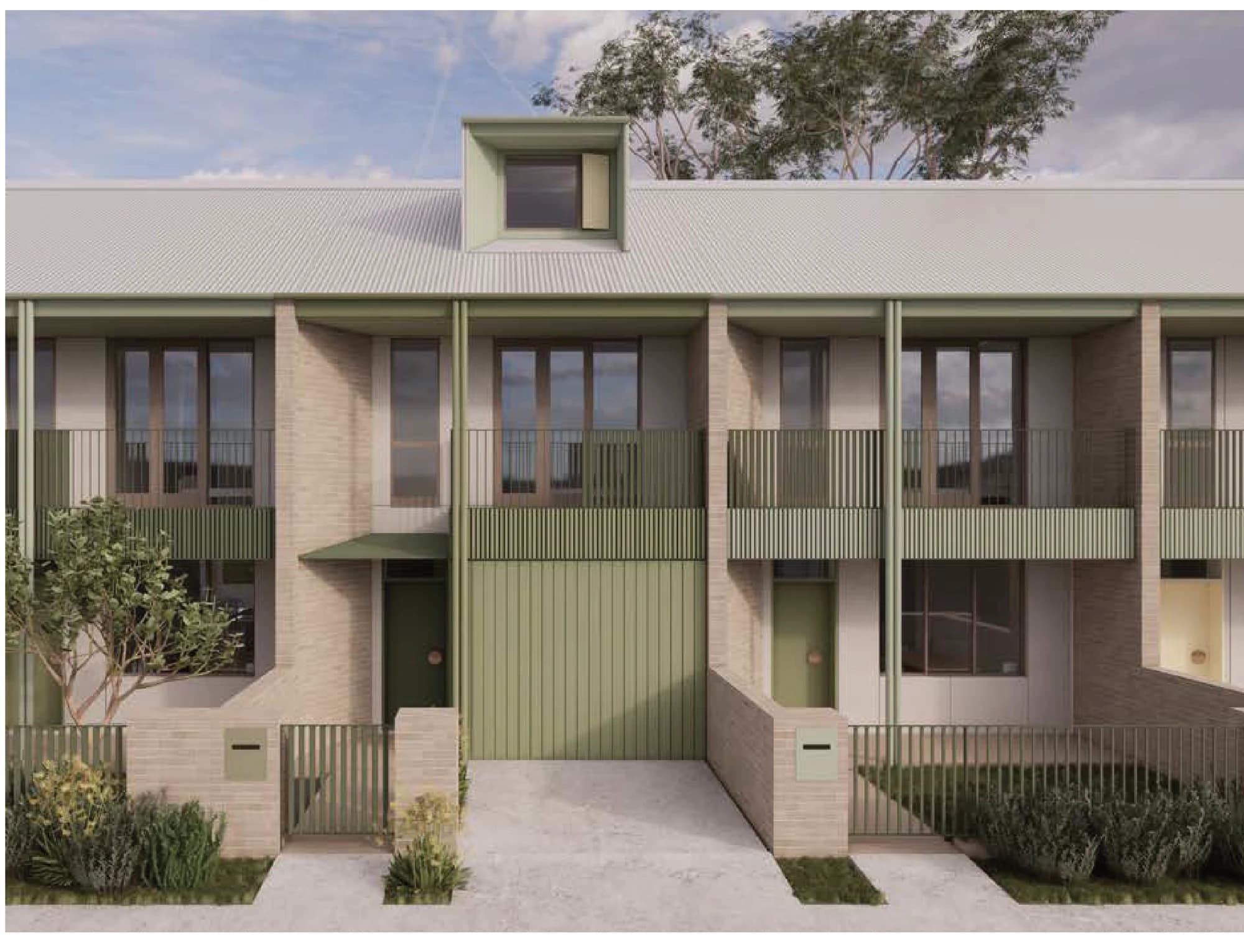 Pattern Book Terraces 02 street facade in material palette 1, with pale beige dry pressed brick, sage green battens, balustrades and garage door, a light grey metal deck roof and a green dormer window above