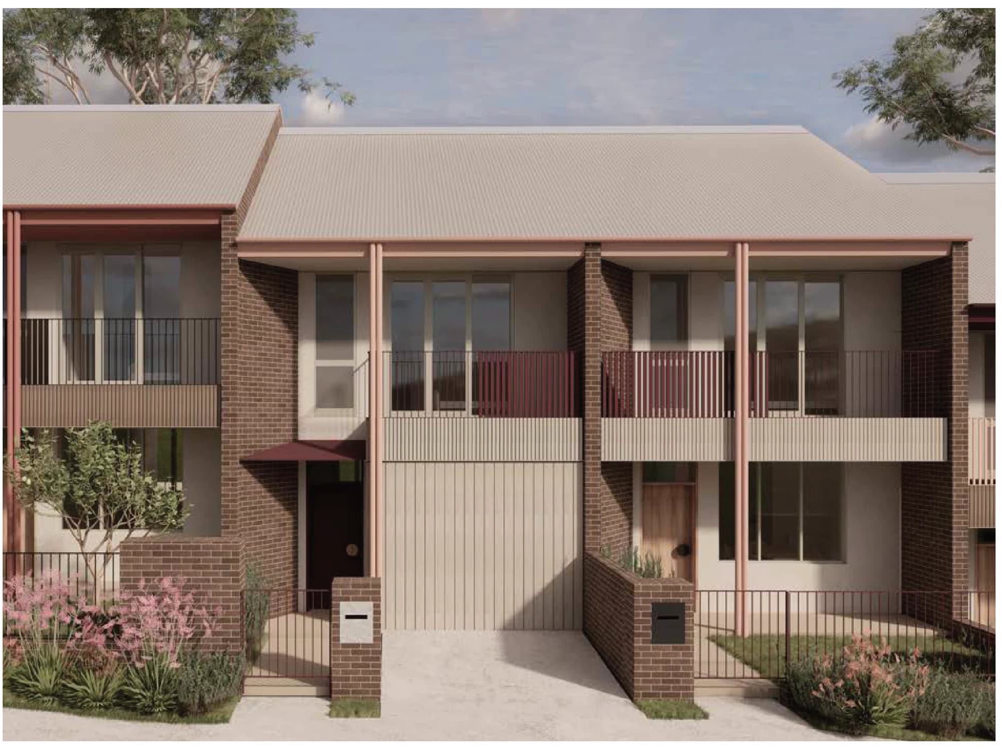 Pattern Book Terraces 02 street facade in material palette 2, with dark red brown dry pressed brick, blush pink downpipes and posts, deep red balustrades and door hood, cream board cladding and a pale metal deck roof