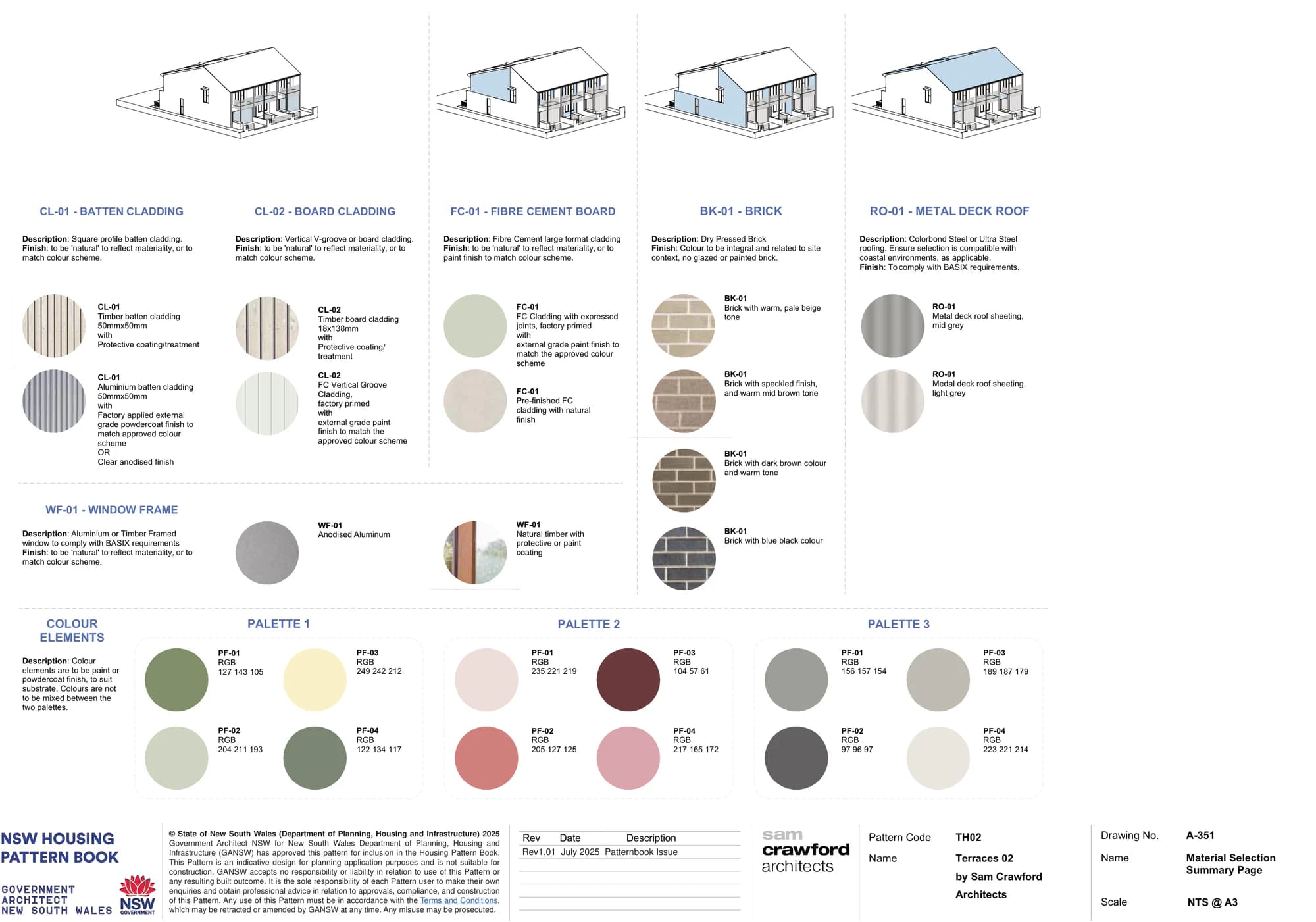 Pattern Book Terraces 02 material selection sheet A-351, showing timber and aluminium batten cladding, board cladding, fibre cement board, four dry pressed brick tones, metal deck roof sheeting, window frames and the three colour palettes with their RGB values