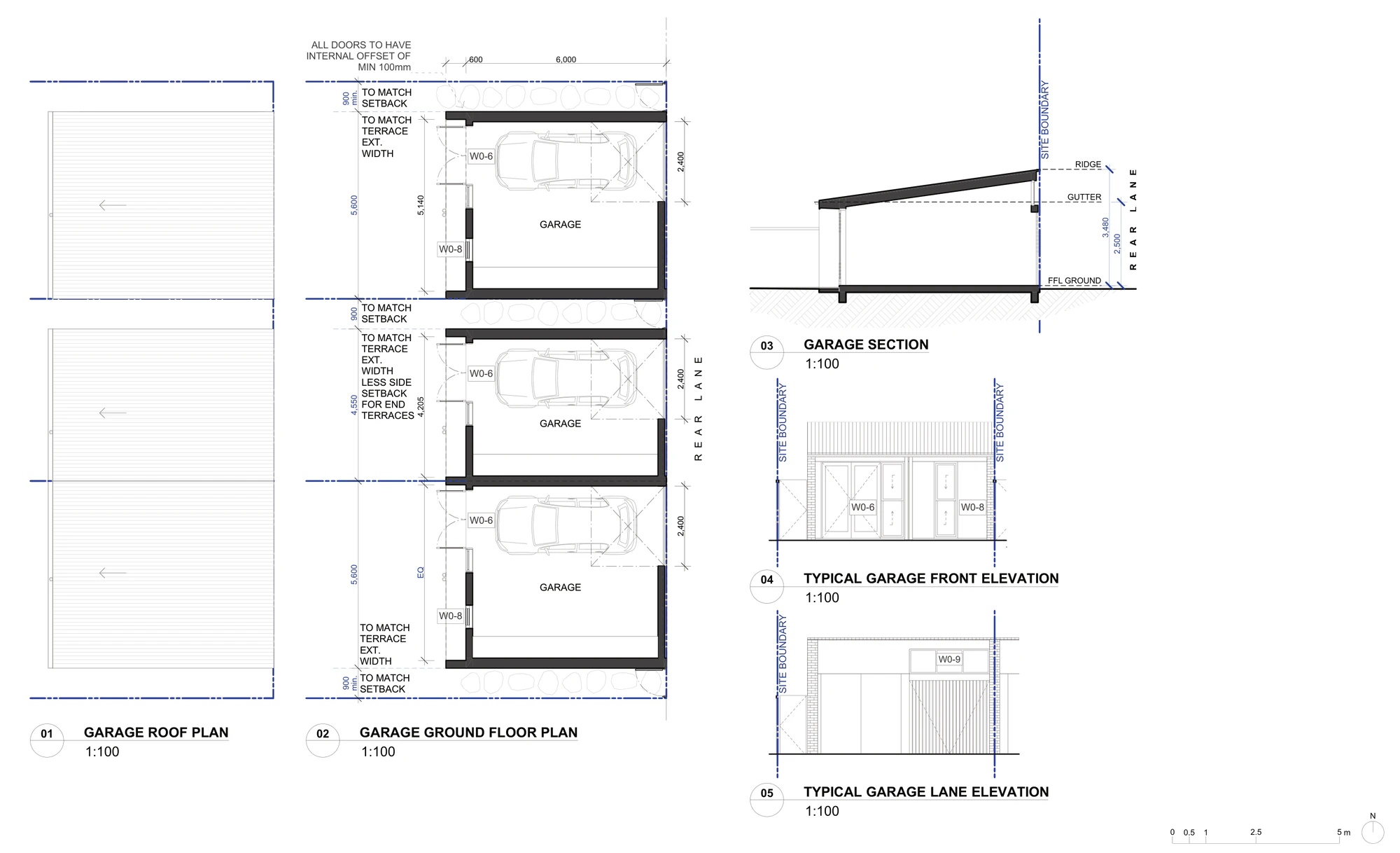 Pattern Book Terraces 02 rear garage adaptation A-325, showing the garage roof plan, the ground floor plan of three garages 6 metres deep with 2.4 metre parking bays off the rear lane, a section with a 3.48 metre ridge and the typical garage front and lane elevations