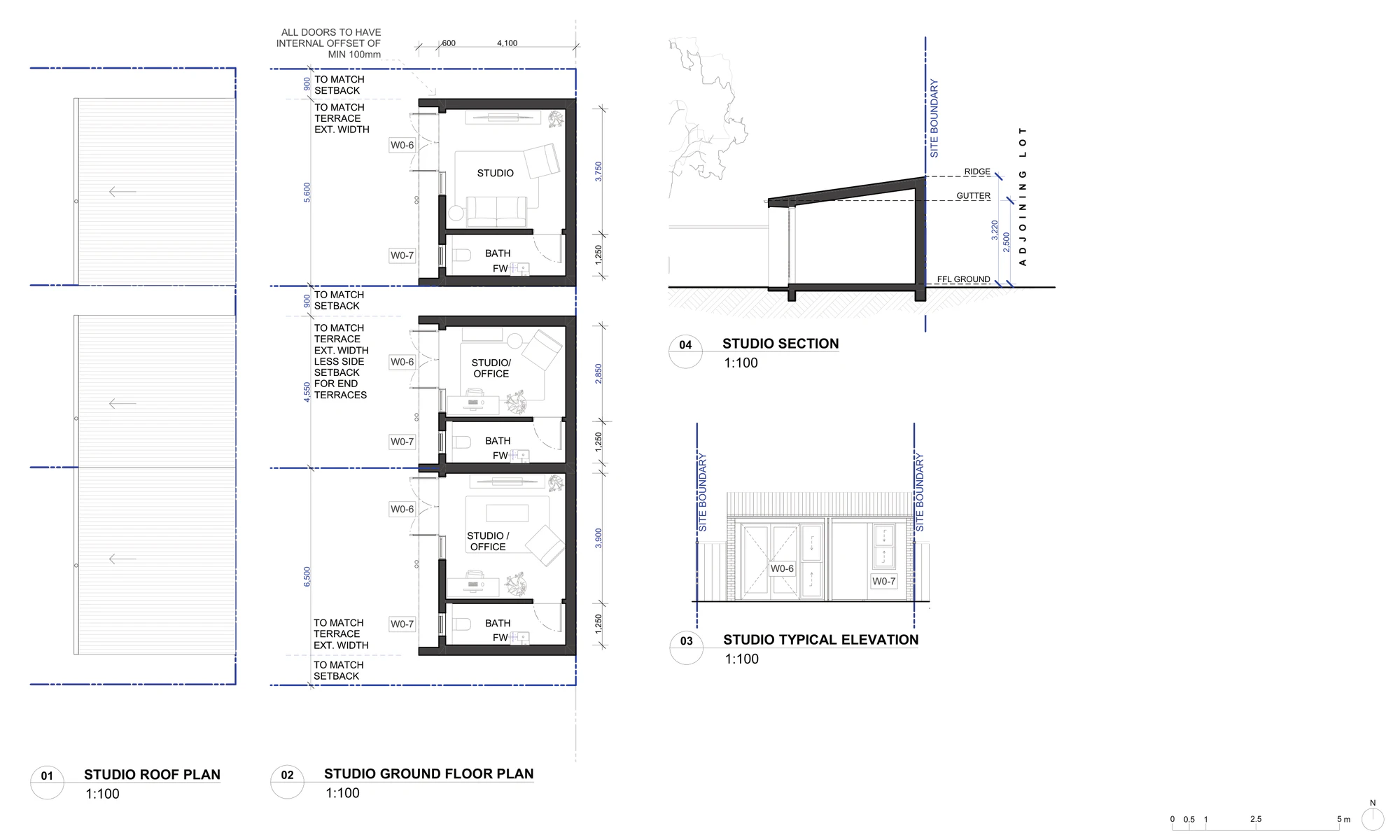 Pattern Book Terraces 02 rear studio adaptation A-324, showing the studio roof plan, the ground floor plan of three studios each with a studio or office room and a bathroom, a section with a 3.22 metre ridge and a 2.5 metre gutter, and the typical studio elevation