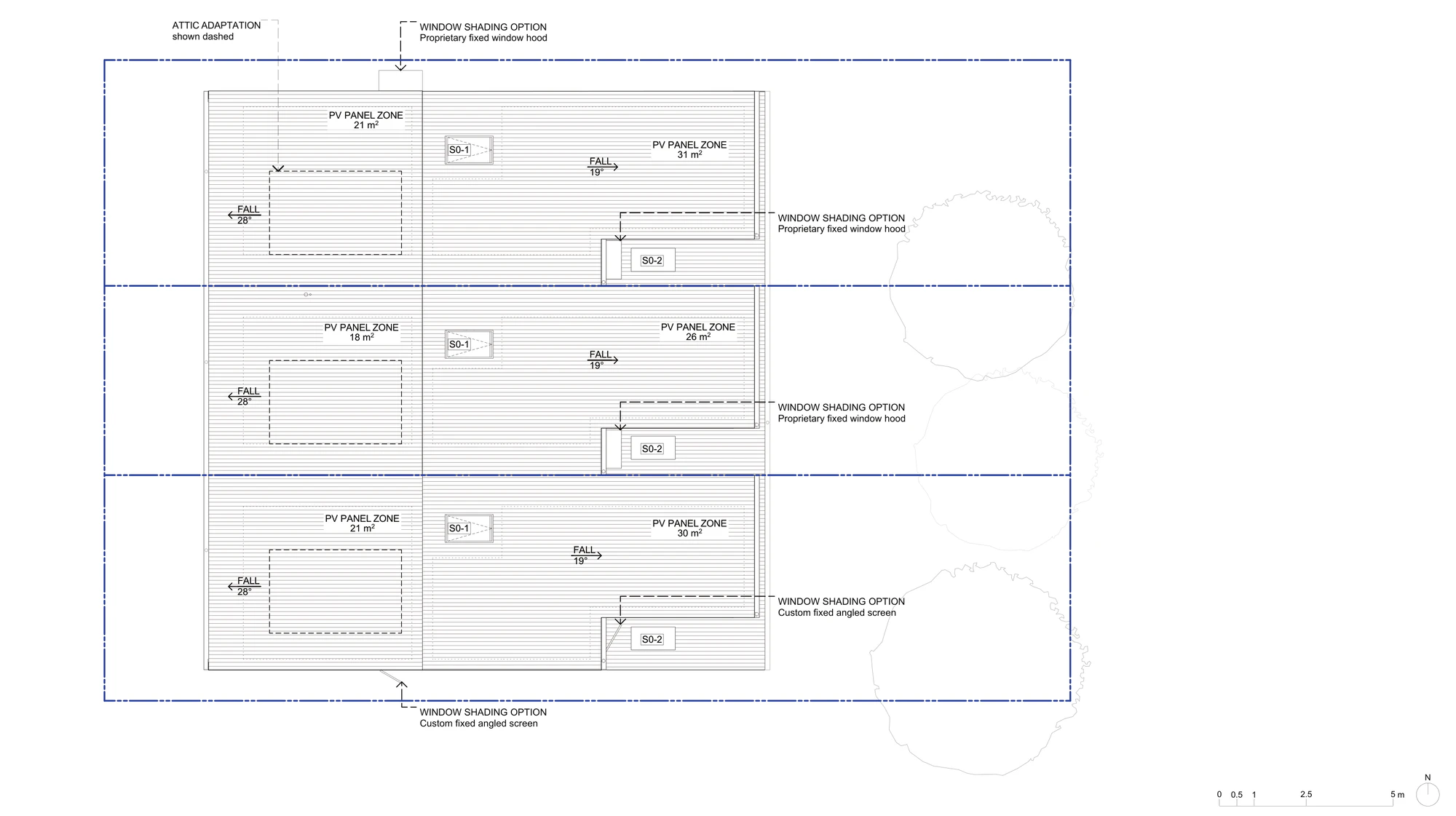 Pattern Book Terraces 02 roof plan A-304 for LMR housing areas, showing a metal deck roof falling 28 degrees to the street and 19 degrees to the rear, two solar panel zones of 18 to 31 square metres per home, skylights, the dashed attic adaptation and the window shading options