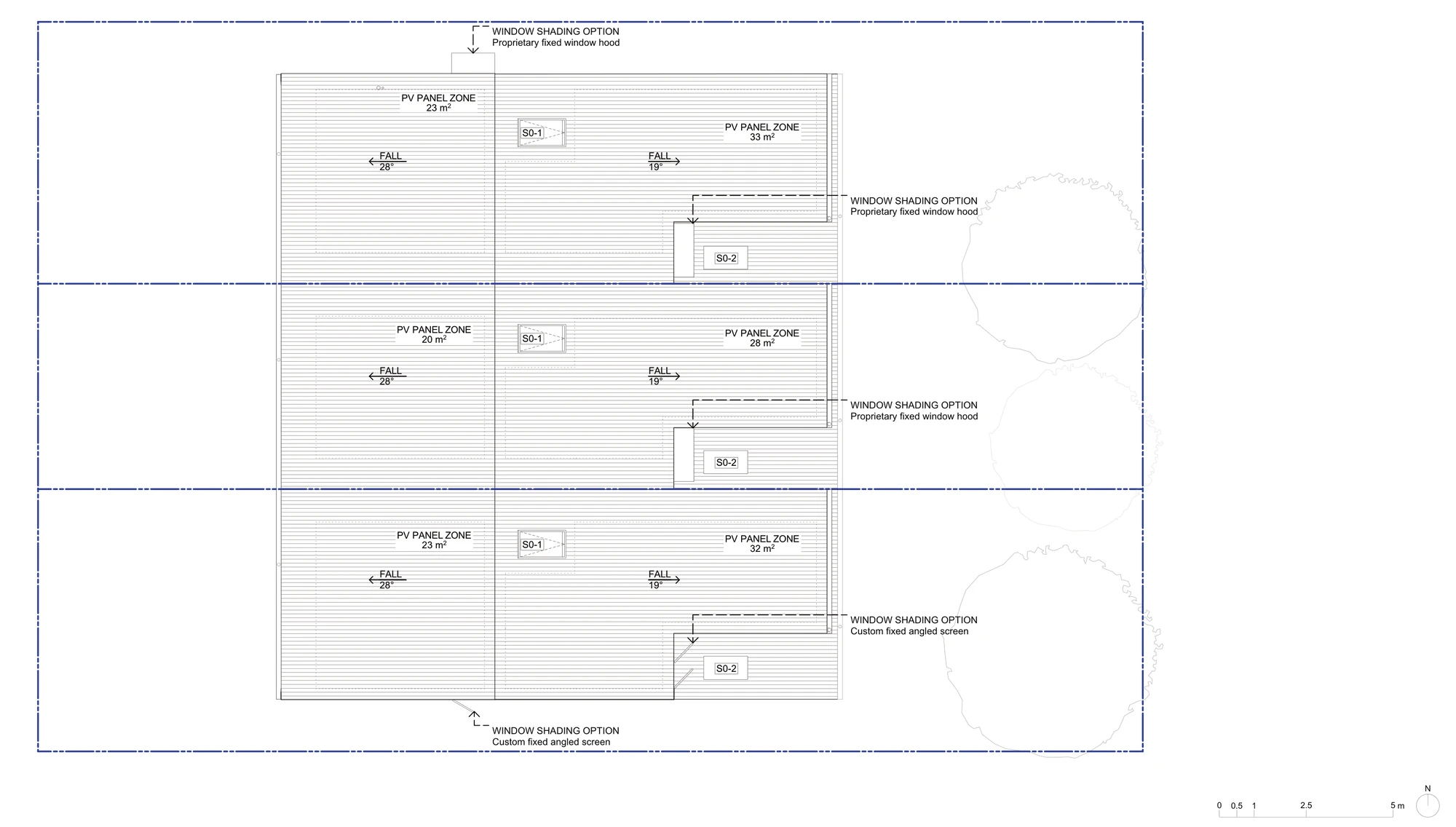 Pattern Book Terraces 02 roof plan A-314 for non LMR housing areas, showing a metal deck roof falling 28 degrees to the street and 19 degrees to the rear, two solar panel zones of 20 to 33 square metres per home, skylights and the window shading options