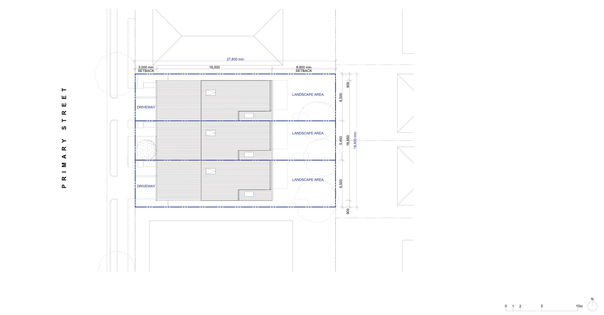 Pattern Book Terraces 02 site plan A-301 for LMR housing areas, showing three terraces on an 18.45 by 27.8 metre site with a 3 metre front setback, a 16 metre building envelope, an 8.8 metre rear landscape area, driveways to the primary street and a landscape area behind each home
