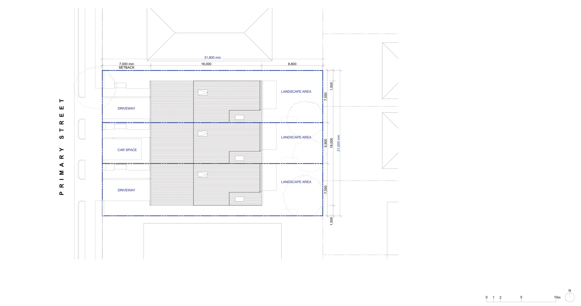 Pattern Book Terraces 02 site plan A-311 for non LMR housing areas, showing three terraces on a 21 by 31.8 metre site with a 7 metre front setback, a 16 metre building envelope, an 8.8 metre rear landscape area, two driveways and a hardstand car space to the middle home