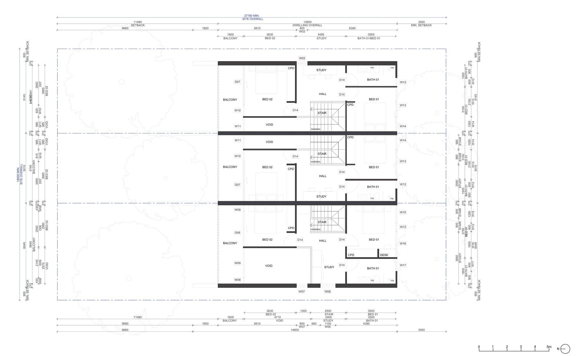 Pattern Book Terraces 03 LMR housing area first floor plan A-303 showing two bedrooms, a study, a bathroom, the stair and hall, the void over the living area and the private balcony to the front of each of the three terraces