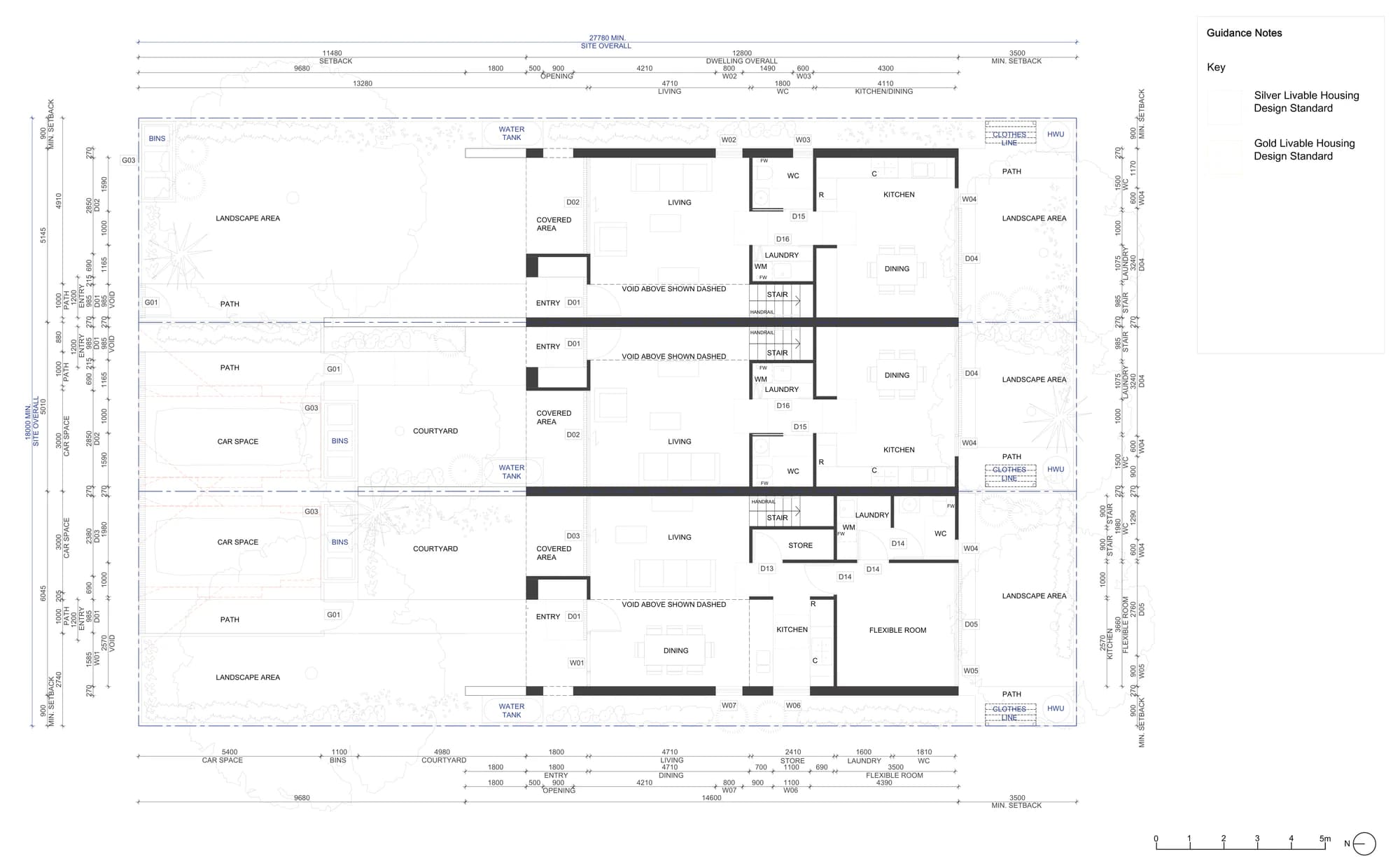 Pattern Book Terraces 03 LMR housing area ground floor plan A-302 showing the entry, living, dining and kitchen of each of the three terraces, the laundry, WC, store and flexible room, the double height void over the living area, the courtyard, water tank, bins, clothes line and hot water unit