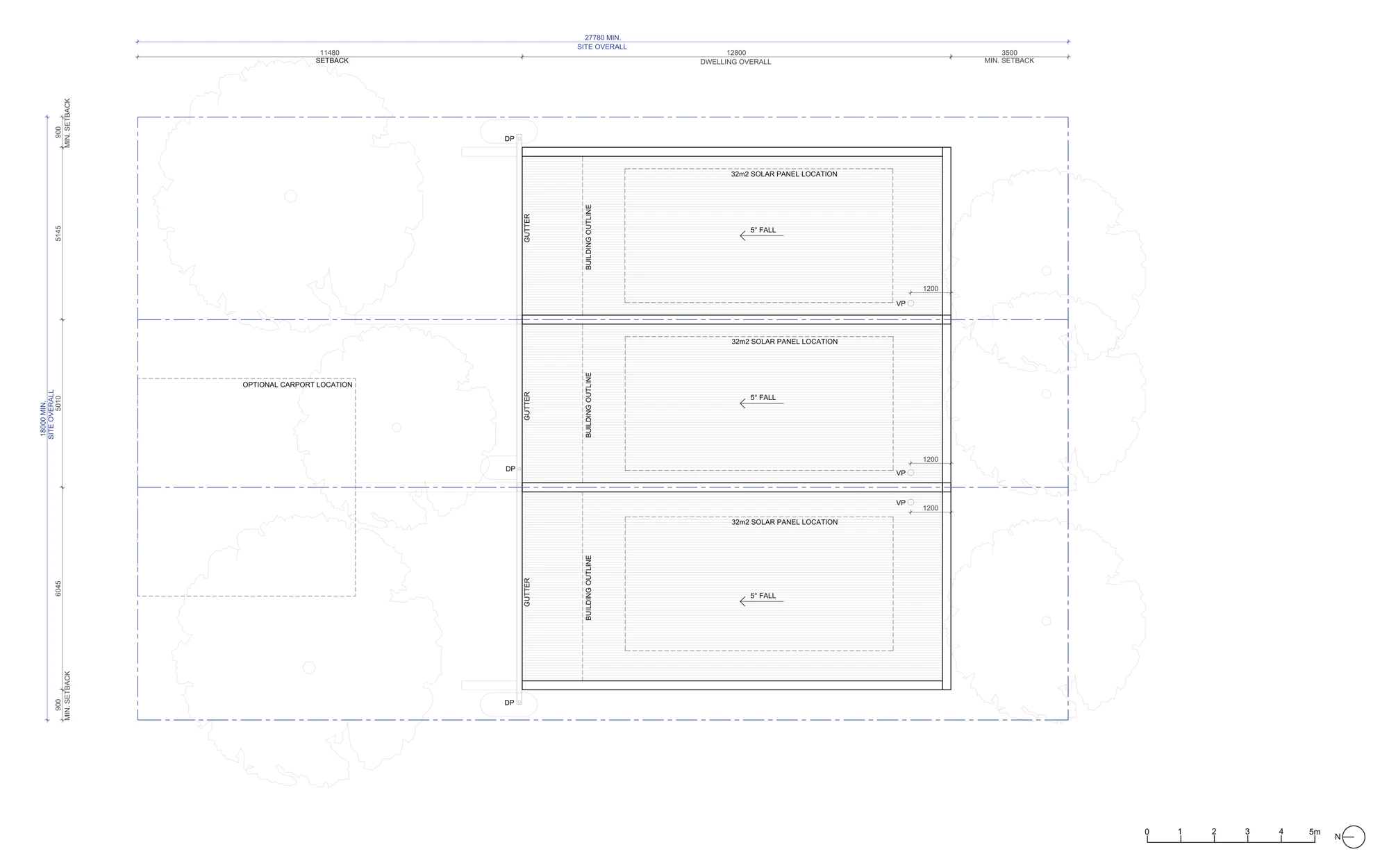Pattern Book Terraces 03 LMR housing area roof plan A-304 showing the simple roof over each of the three terraces sloping north at 5 degrees, a 32 square metre solar panel location on each roof, gutters, downpipes and the optional carport location
