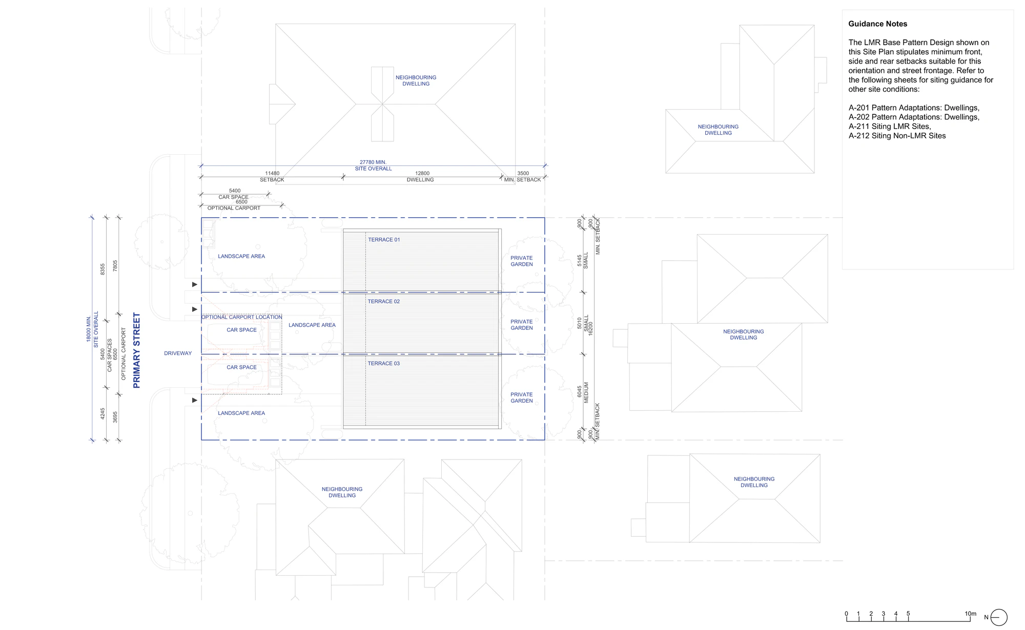 Pattern Book Terraces 03 site plan A-301 for the LMR housing area base pattern on an 18 by 27.78 metre lot, showing three terraces side by side, the driveway and hardstand car spaces in the front setback, the optional carport, landscape areas, private gardens at the rear and the neighbouring dwellings