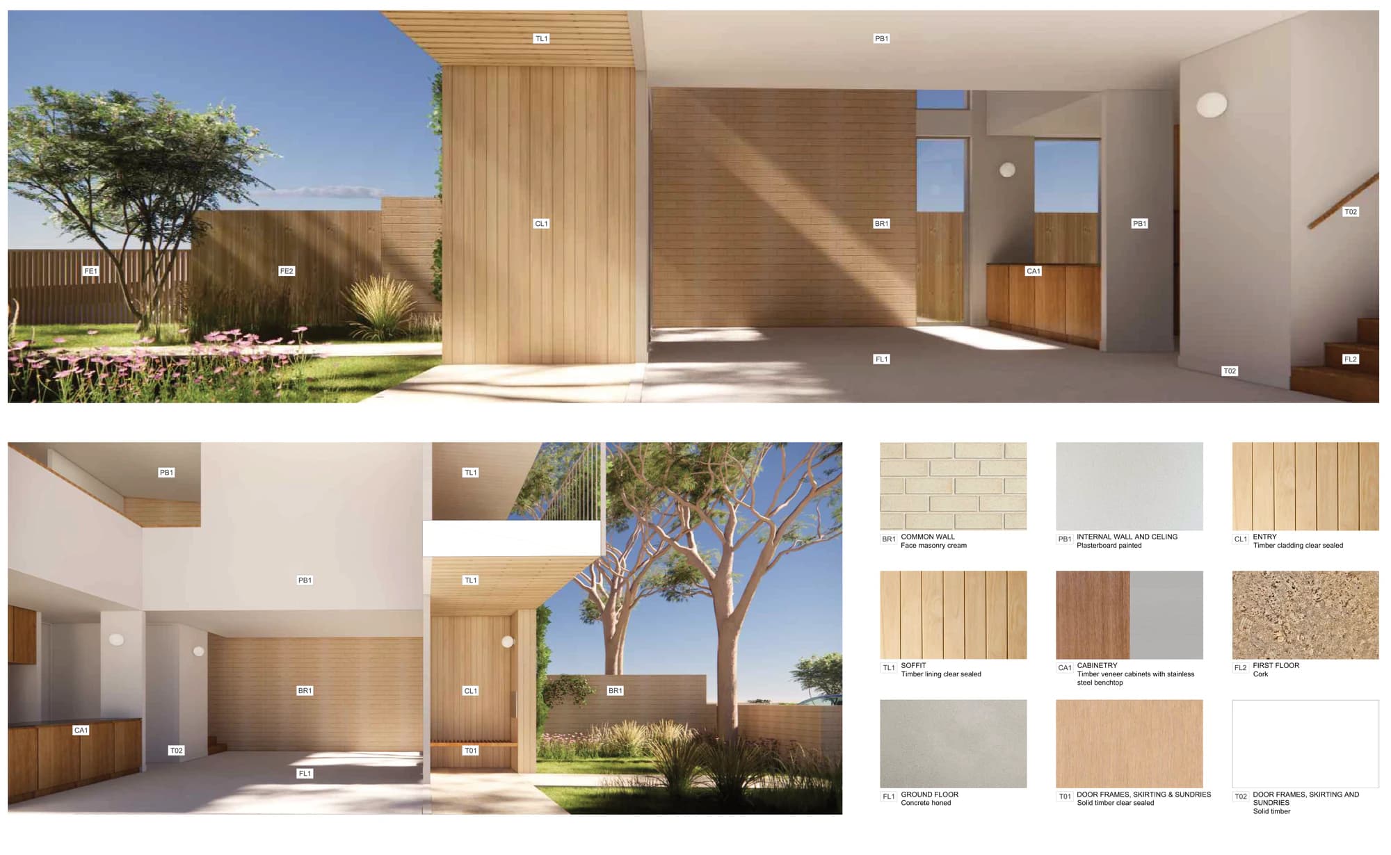 Pattern Book Terraces 03 character and interior sheet A-364 for materials palette 01, showing the garden and living room views and the sample board of cream face brick common walls, painted plasterboard, clear sealed timber cladding and lining, timber veneer cabinets with a stainless steel benchtop, honed concrete floors and a cork first floor