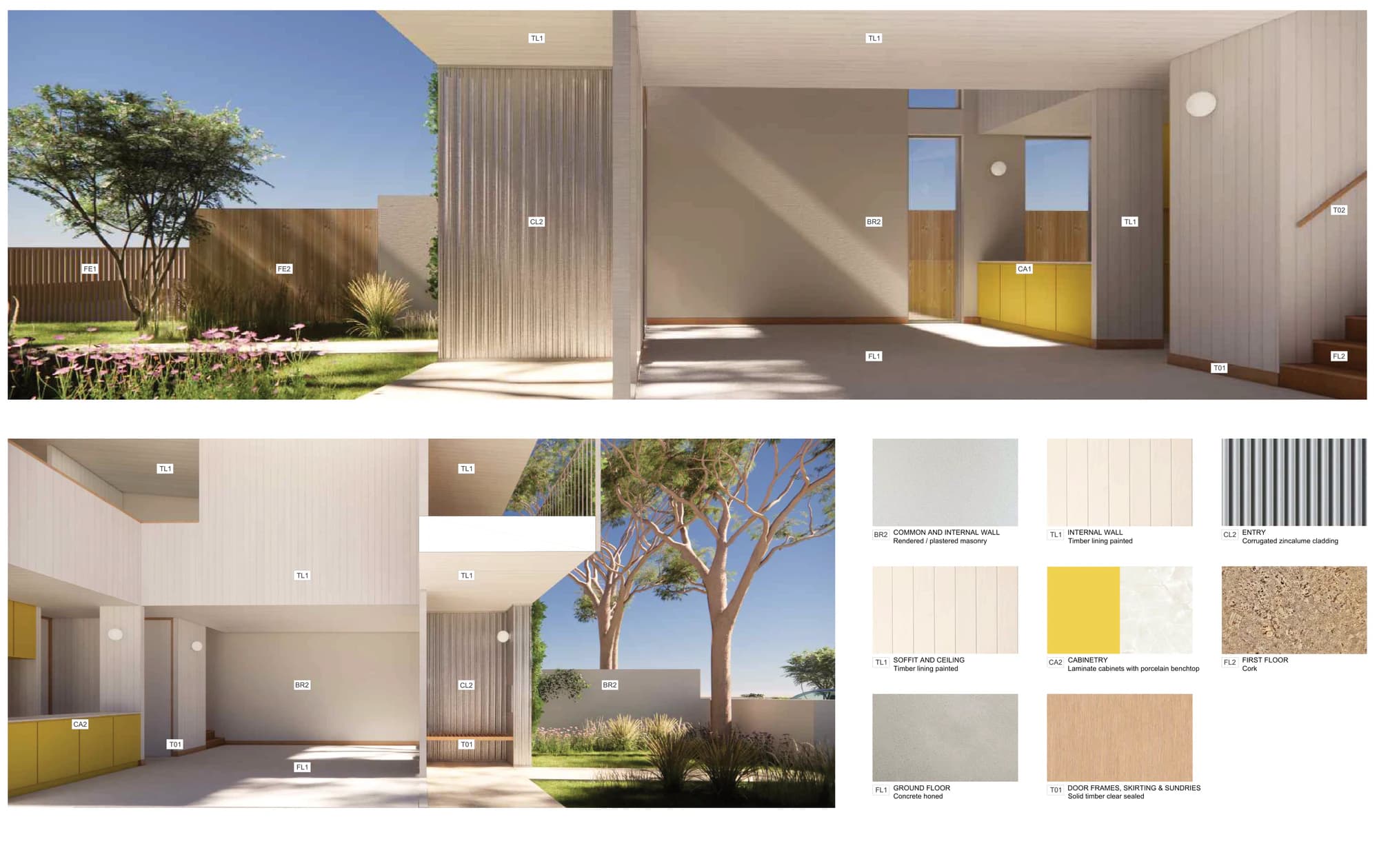 Pattern Book Terraces 03 character and interior sheet A-365 for materials palette 02, showing the garden and living room views and the sample board of rendered brick common walls, painted timber lining, corrugated zincalume entry cladding, laminate cabinets with a porcelain benchtop, honed concrete floors and a cork first floor