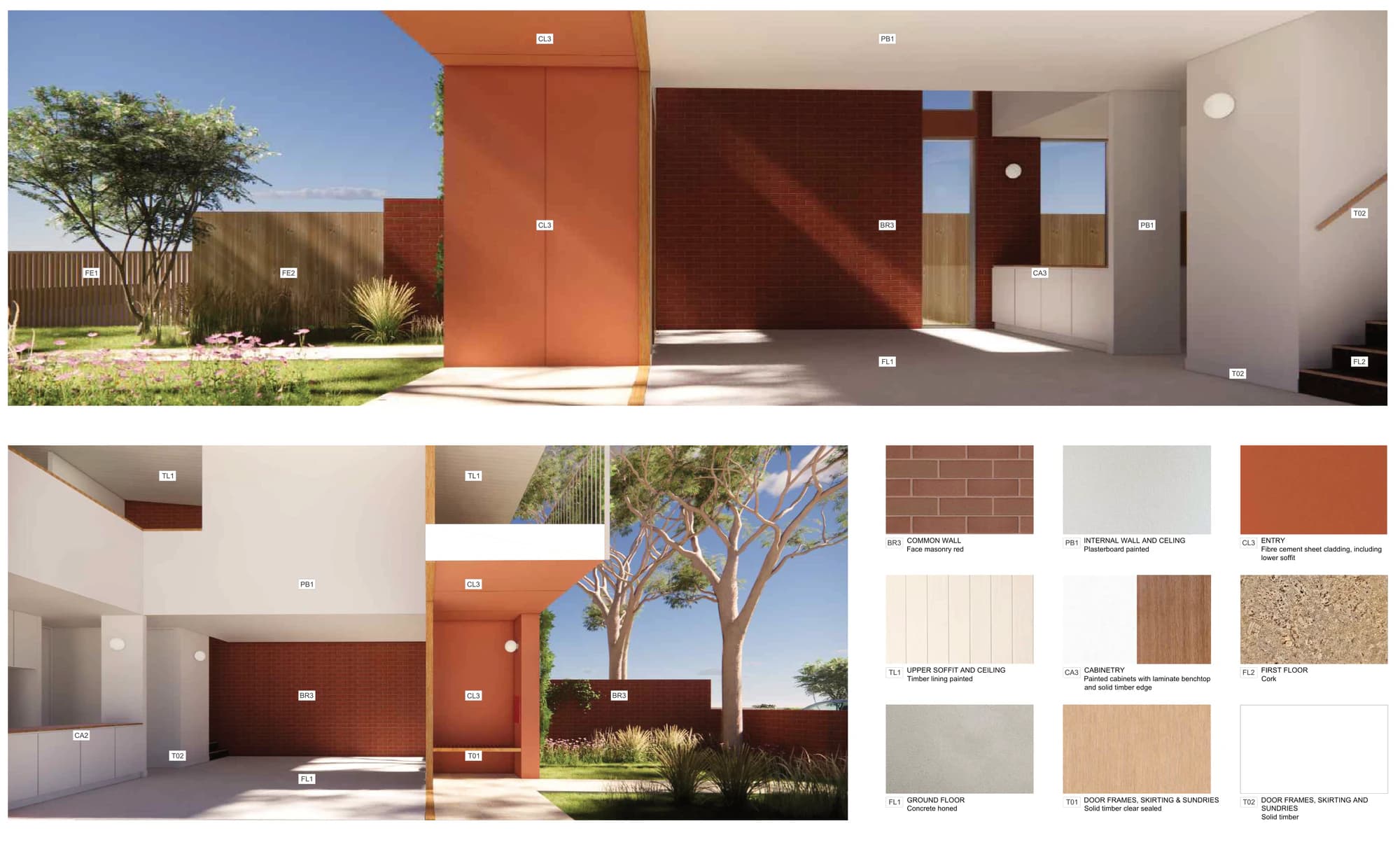 Pattern Book Terraces 03 character and interior sheet A-366 for materials palette 03, showing the garden and living room views and the sample board of red face brick common walls, painted plasterboard and timber lining, fibre cement sheet entry cladding, painted cabinets with a laminate benchtop and solid timber edge, honed concrete floors and a cork first floor