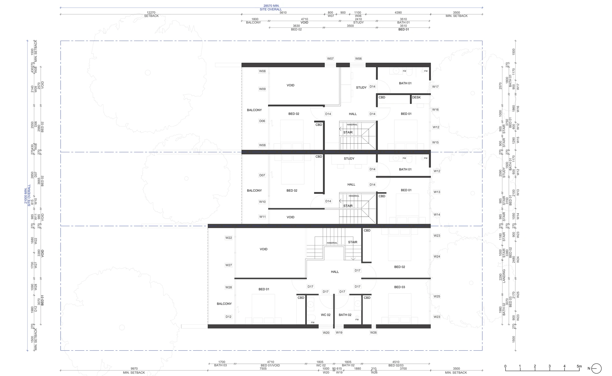 Pattern Book Terraces 03 first floor plan A-313 for sites outside LMR housing areas showing bedrooms, studies, bathrooms, stairs and balconies, including the large terrace with three bedrooms, a bathroom and a separate WC