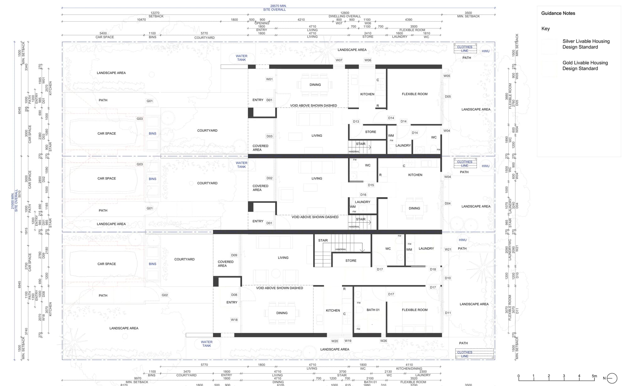 Pattern Book Terraces 03 ground floor plan A-312 for sites outside LMR housing areas showing the entry, living, dining and kitchen of each of the three terraces, the store, laundry, WC and flexible room, the courtyards, water tanks and the car space for every dwelling