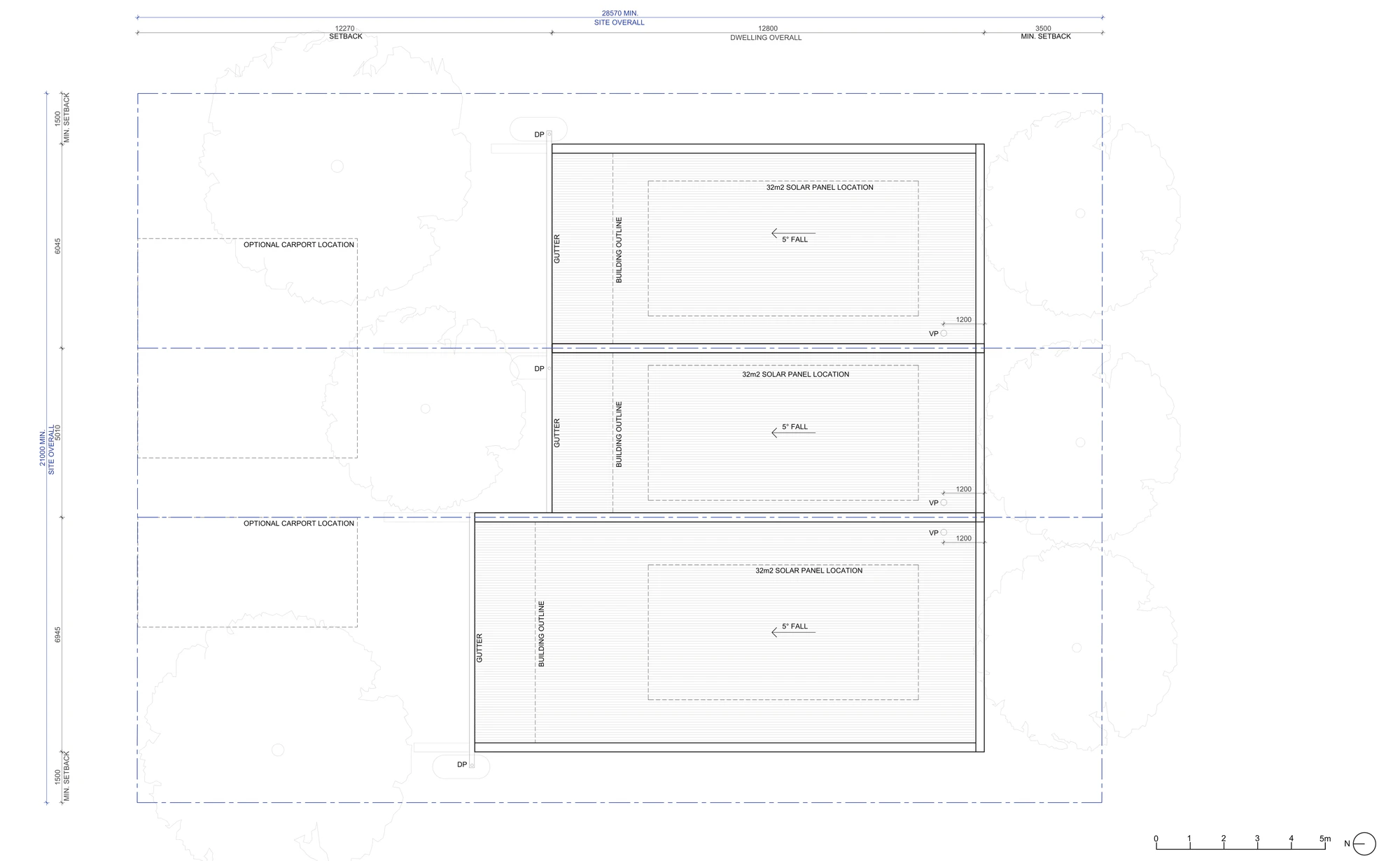 Pattern Book Terraces 03 roof plan A-314 for sites outside LMR housing areas showing the north sloping roof over each of the three terraces, the solar panel zones, gutters, downpipes and the optional carport locations