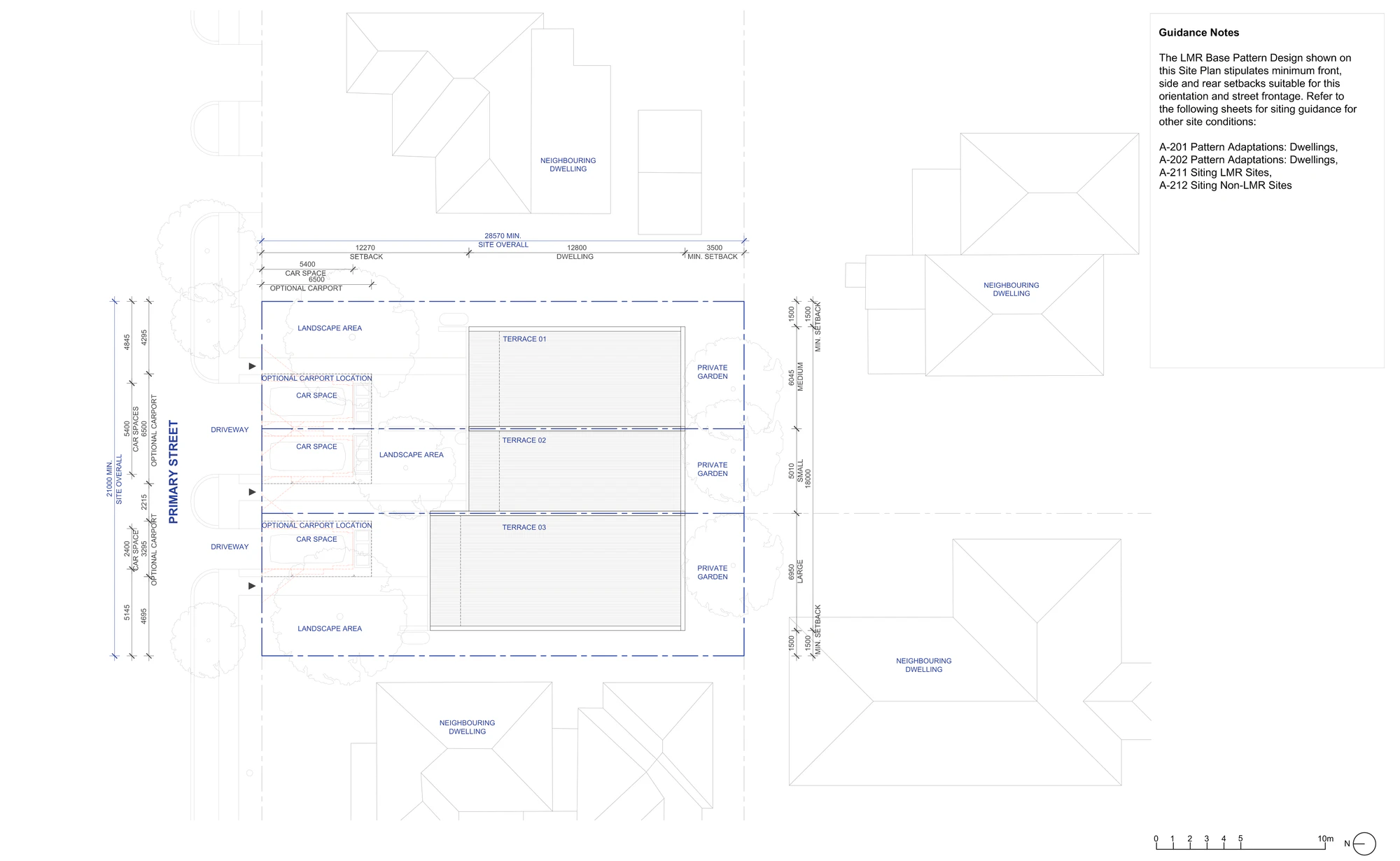 Pattern Book Terraces 03 site plan A-311 for the base pattern outside LMR housing areas on a 21 by 28.57 metre lot, showing three terraces, two driveways, a car space for every dwelling, the optional carport locations, landscape areas and private gardens at the rear