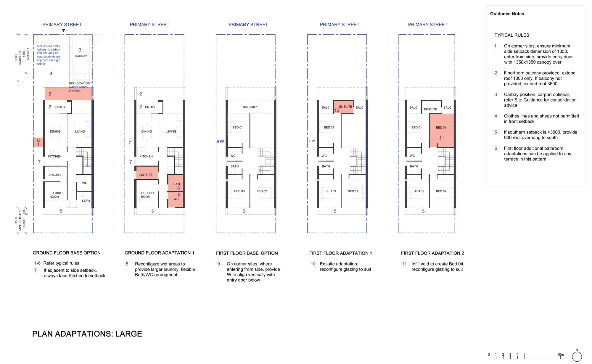Pattern Book Terraces 03 plan adaptations sheet A-324 for the large terrace, showing the ground floor and first floor base options together with the permitted bathroom, ensuite and additional bedroom variations