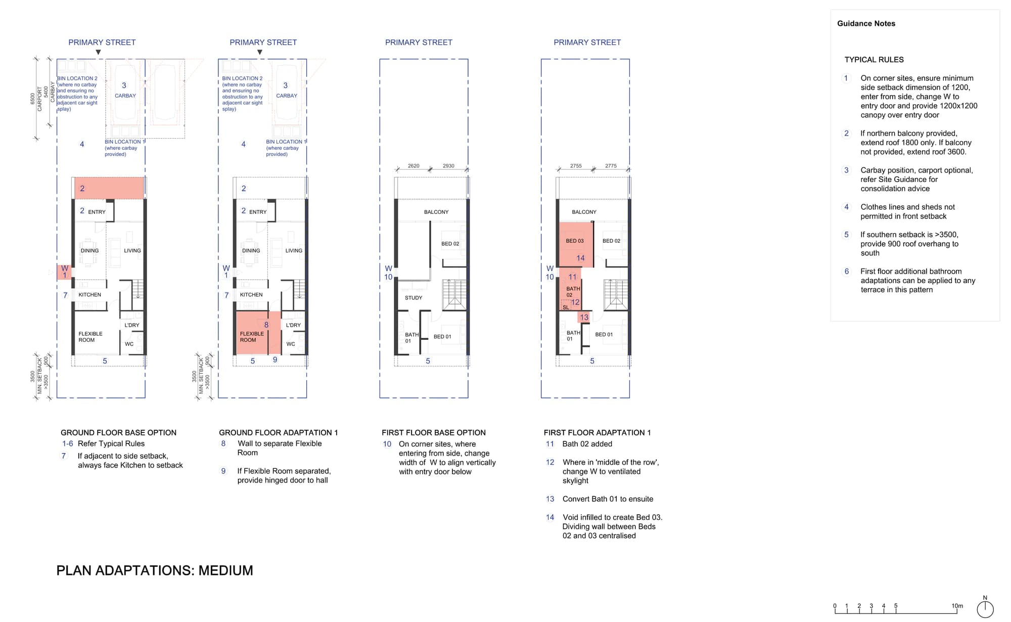 Pattern Book Terraces 03 plan adaptations sheet A-322 for the medium terrace, showing the ground floor and first floor base options together with the permitted bathroom, study and bedroom variations