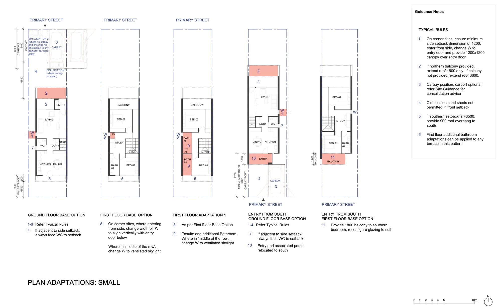 Pattern Book Terraces 03 plan adaptations sheet A-321 for the small terrace, showing the ground floor and first floor base options, the first floor bathroom adaptation with an ensuite, the entry from the south option and the typical rules that govern each change