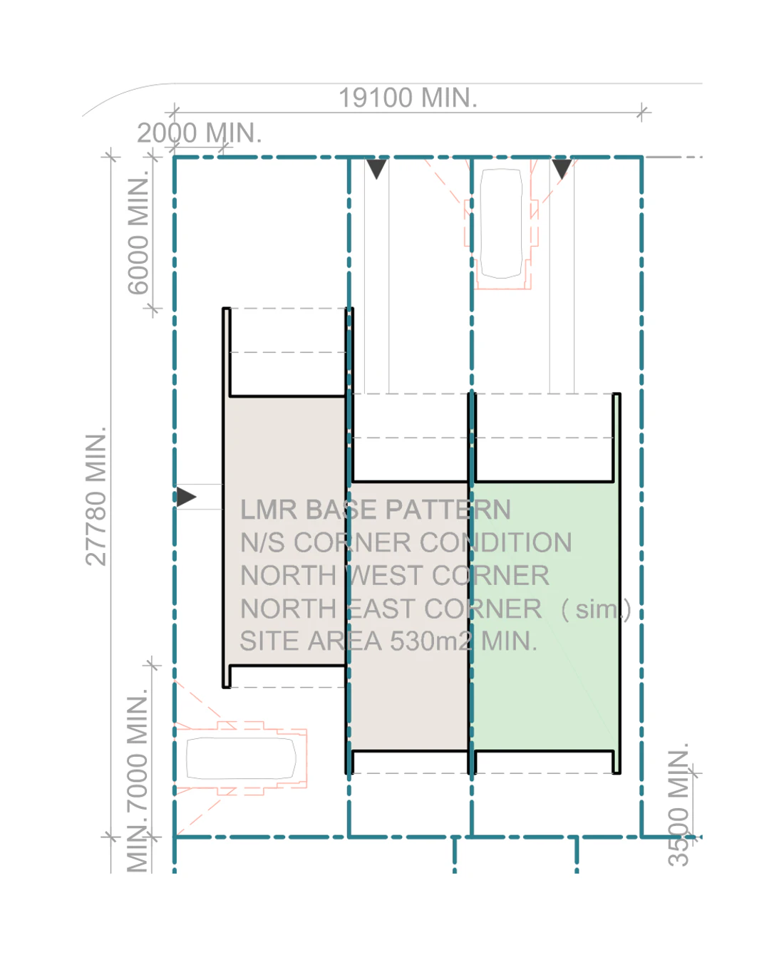 Pattern Book Terraces 03 siting plan for LMR housing area, Corner site, base pattern, on a site of at least 530 square metres with a frontage of about 19.1 metres and a depth of about 27.78 metres, showing two small terraces and a medium terrace with north facing living areas, private gardens, the hardstand car spaces in the front setback and the sloping roofs over; the whole development is 3 dwellings
