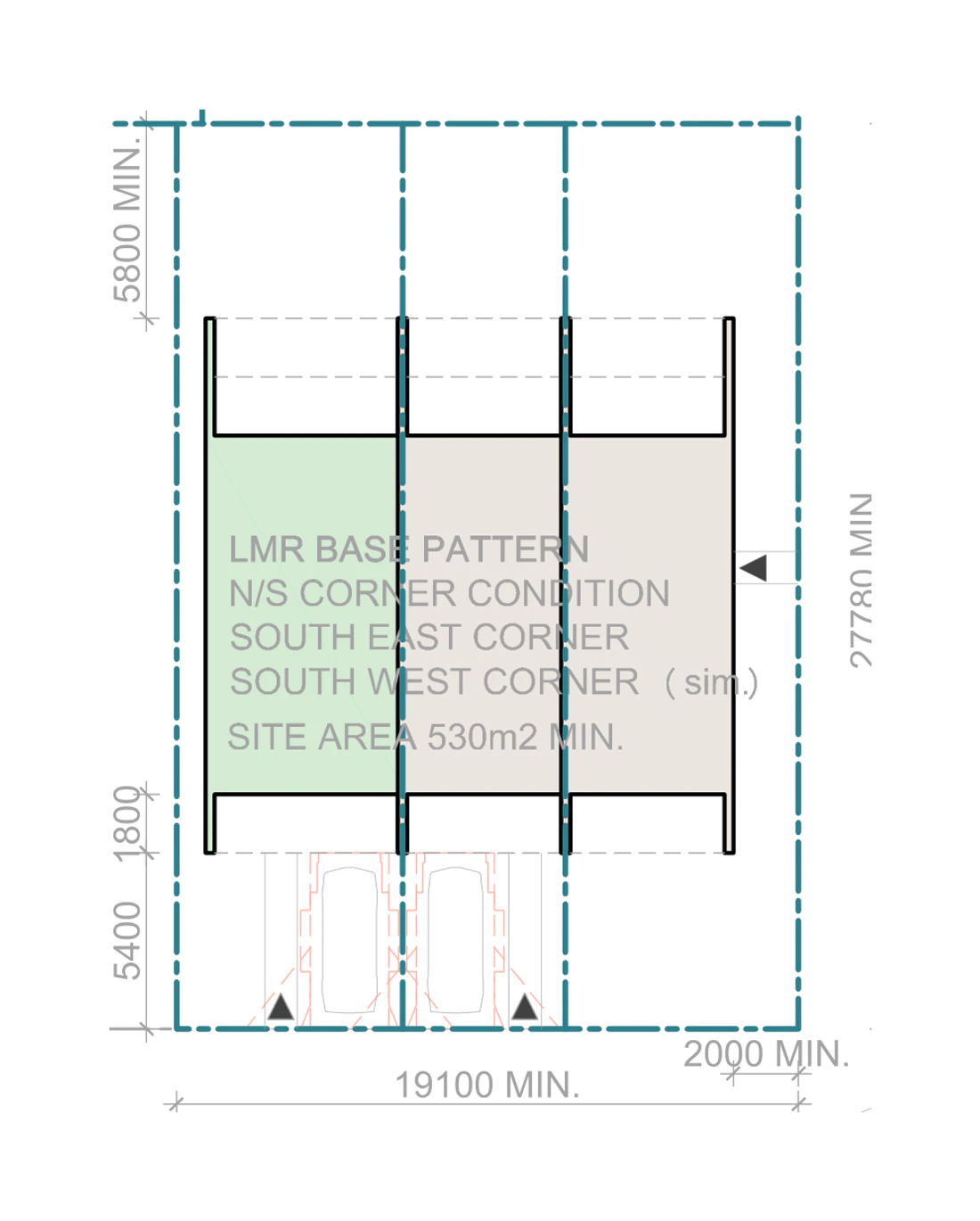 Pattern Book Terraces 03 siting plan for LMR housing area, Corner site, base pattern, on a site of at least 530 square metres with a frontage of about 19.1 metres and a depth of about 27.78 metres, showing two small terraces and a medium terrace with north facing living areas, private gardens, the hardstand car spaces in the front setback and the sloping roofs over; the whole development is 3 dwellings