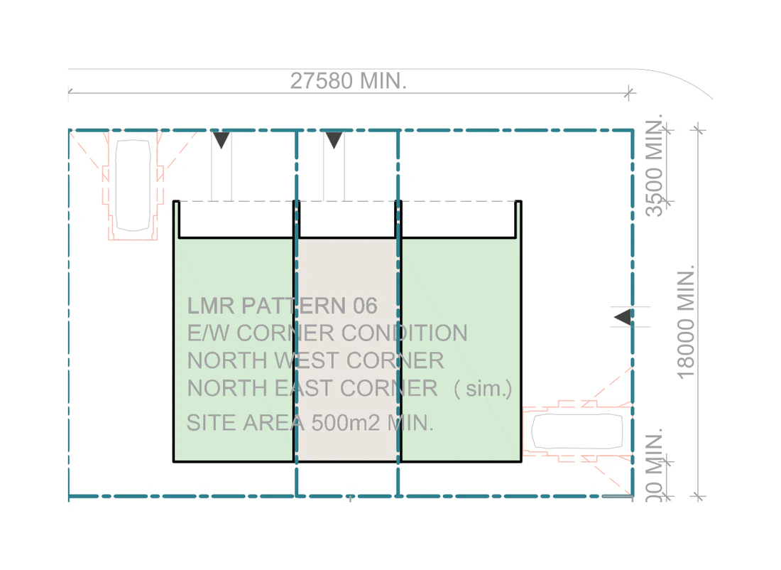Pattern Book Terraces 03 siting plan for LMR housing area, Corner site, Pattern 06, on a site of at least 500 square metres with a frontage of about 18 metres and a depth of about 27.58 metres, showing three medium terraces with north facing living areas, private gardens, the hardstand car spaces in the front setback and the sloping roofs over; the whole development is 3 dwellings
