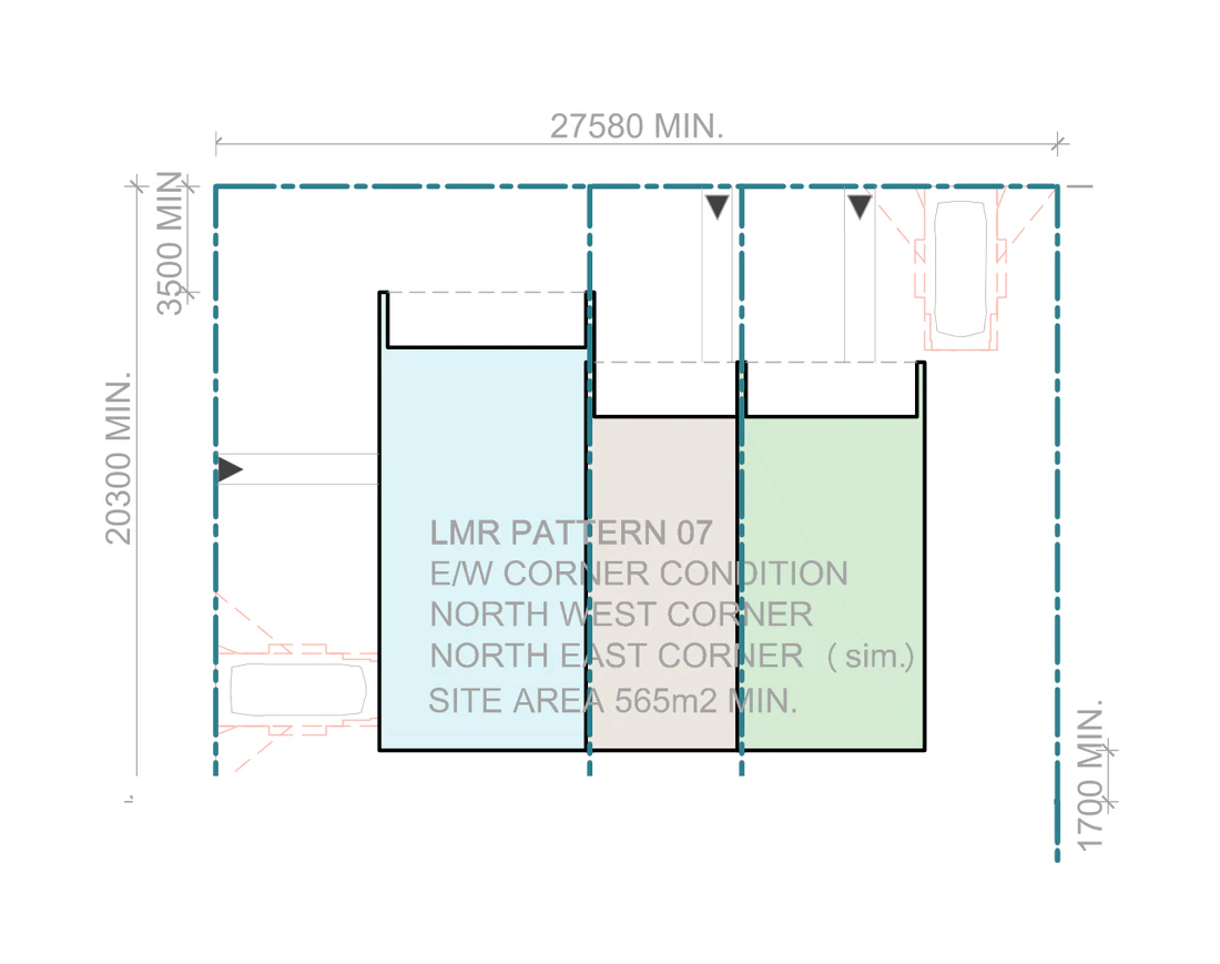 Pattern Book Terraces 03 siting plan for LMR housing area, Corner site, Pattern 07, on a site of at least 565 square metres with a frontage of about 20.3 metres and a depth of about 27.58 metres, showing a large, a small and a medium terrace with north facing living areas, private gardens, the hardstand car spaces in the front setback and the sloping roofs over; the whole development is 3 dwellings