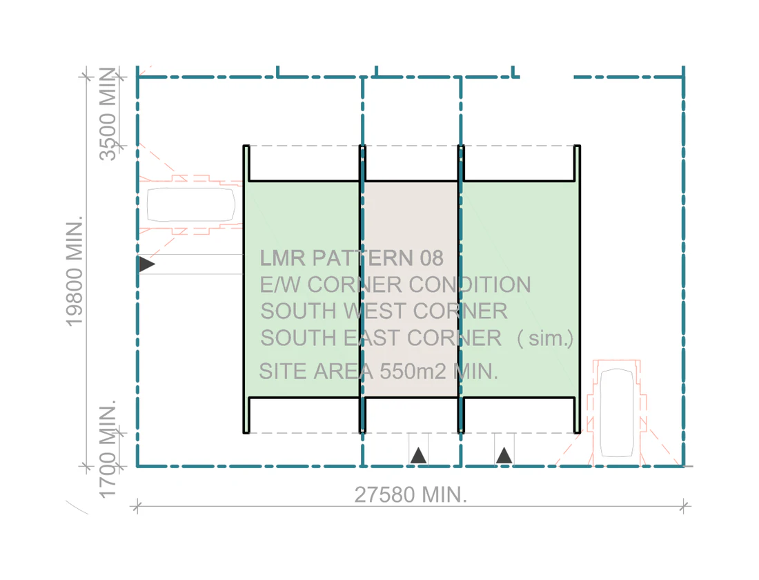 Pattern Book Terraces 03 siting plan for LMR housing area, Corner site, Pattern 08, on a site of at least 550 square metres with a frontage of about 19.8 metres and a depth of about 27.58 metres, showing a medium, a small and a medium terrace with north facing living areas, private gardens, the hardstand car spaces in the front setback and the sloping roofs over; the whole development is 3 dwellings