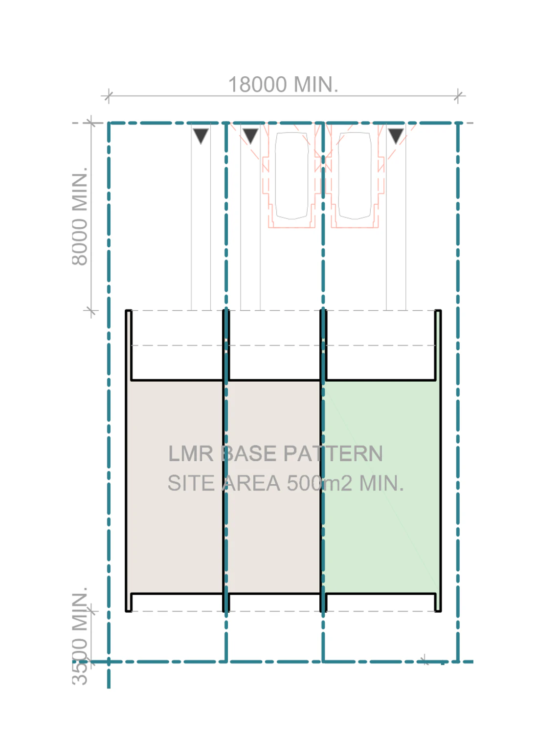Pattern Book Terraces 03 siting plan for LMR housing area, Mid block, base pattern, on a site of at least 500 square metres with a frontage of about 18 metres and a depth of about 27.78 metres, showing two small terraces and a medium terrace with north facing living areas, private gardens, the hardstand car spaces in the front setback and the sloping roofs over; the whole development is 3 dwellings