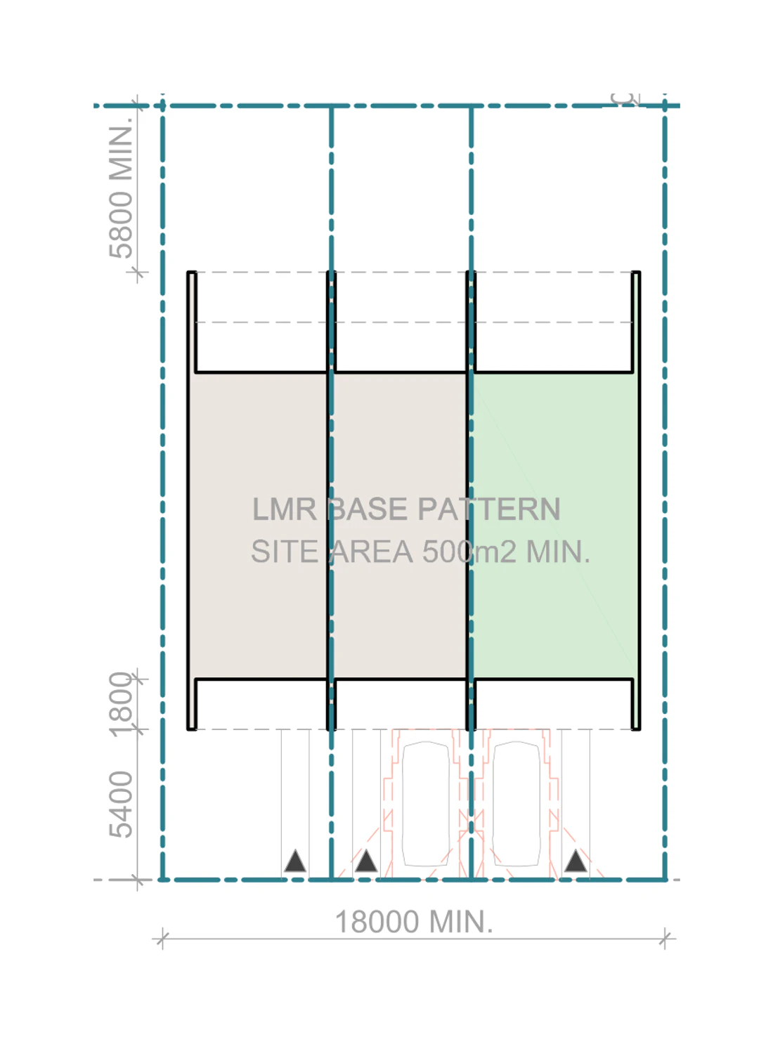 Pattern Book Terraces 03 siting plan for LMR housing area, Mid block, base pattern, on a site of at least 500 square metres with a frontage of about 18 metres and a depth of about 27.78 metres, showing two small terraces and a medium terrace with north facing living areas, private gardens, the hardstand car spaces in the front setback and the sloping roofs over; the whole development is 3 dwellings