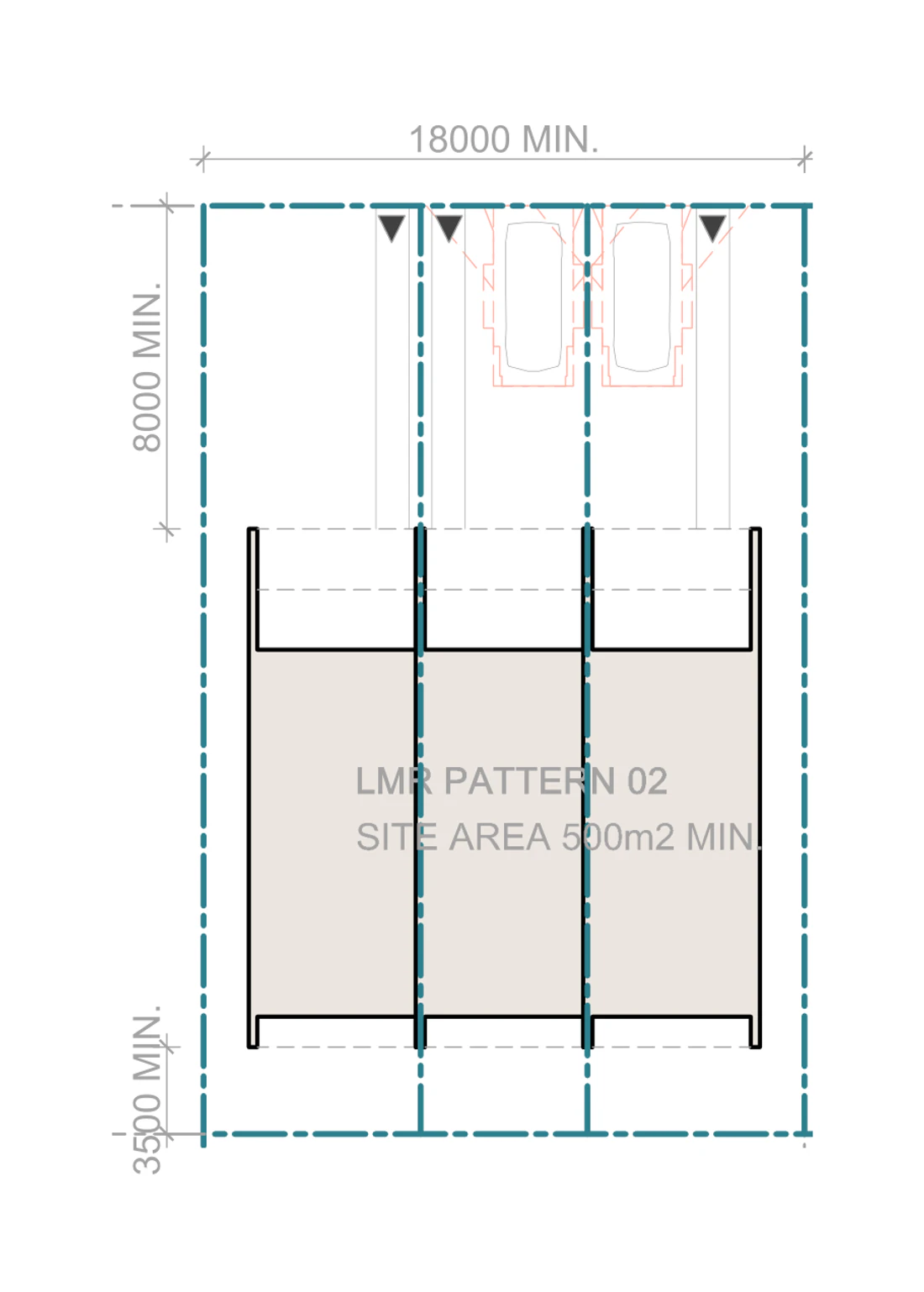 Pattern Book Terraces 03 siting plan for LMR housing area, Mid block, Pattern 02, on a site of at least 500 square metres with a frontage of about 18 metres and a depth of about 27.78 metres, showing three small terraces with north facing living areas, private gardens, the hardstand car spaces in the front setback and the sloping roofs over; the whole development is 3 dwellings
