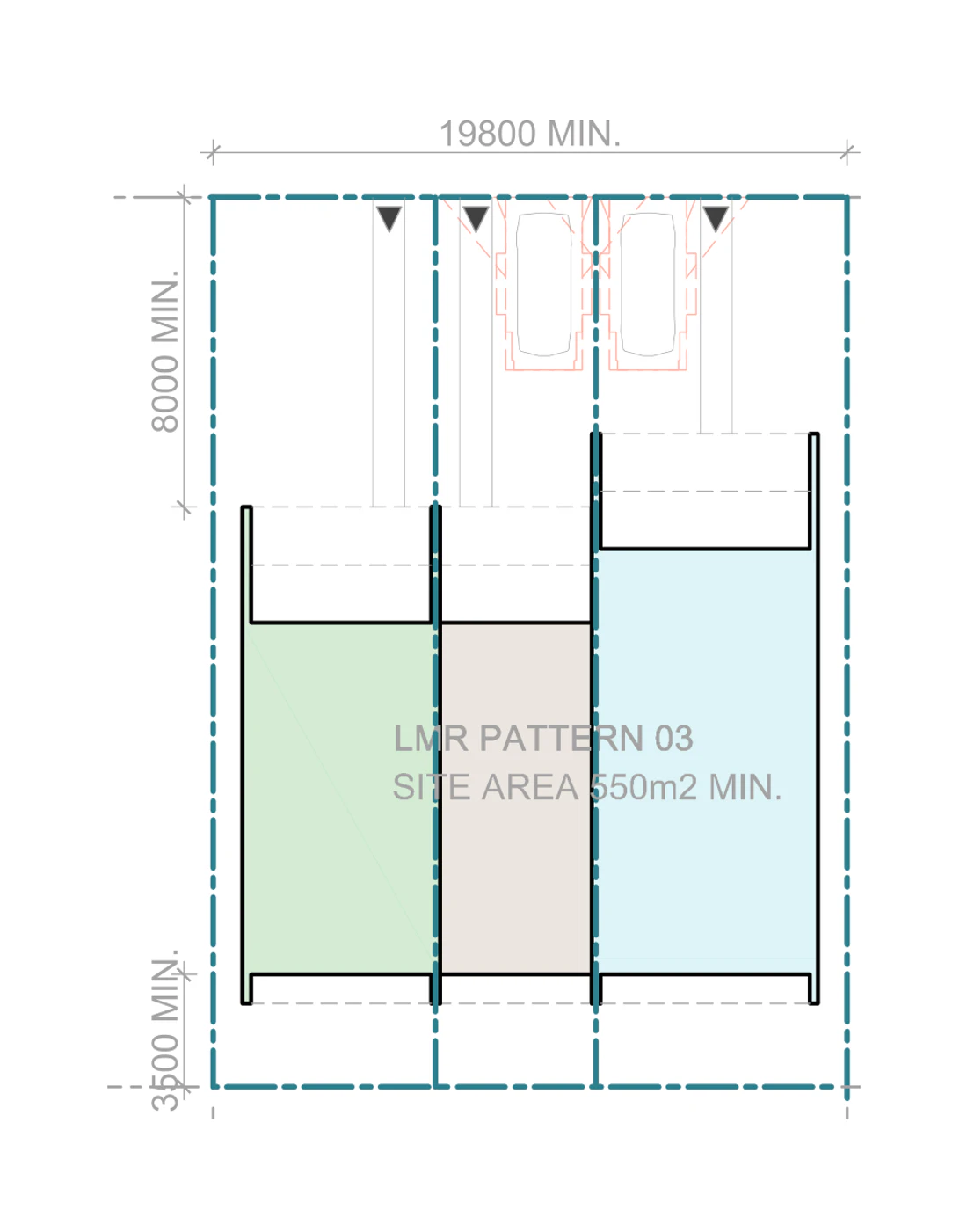 Pattern Book Terraces 03 siting plan for LMR housing area, Mid block, Pattern 03, on a site of at least 550 square metres with a frontage of about 19.8 metres and a depth of about 27.78 metres, showing a medium, a small and a large terrace with north facing living areas, private gardens, the hardstand car spaces in the front setback and the sloping roofs over; the whole development is 3 dwellings