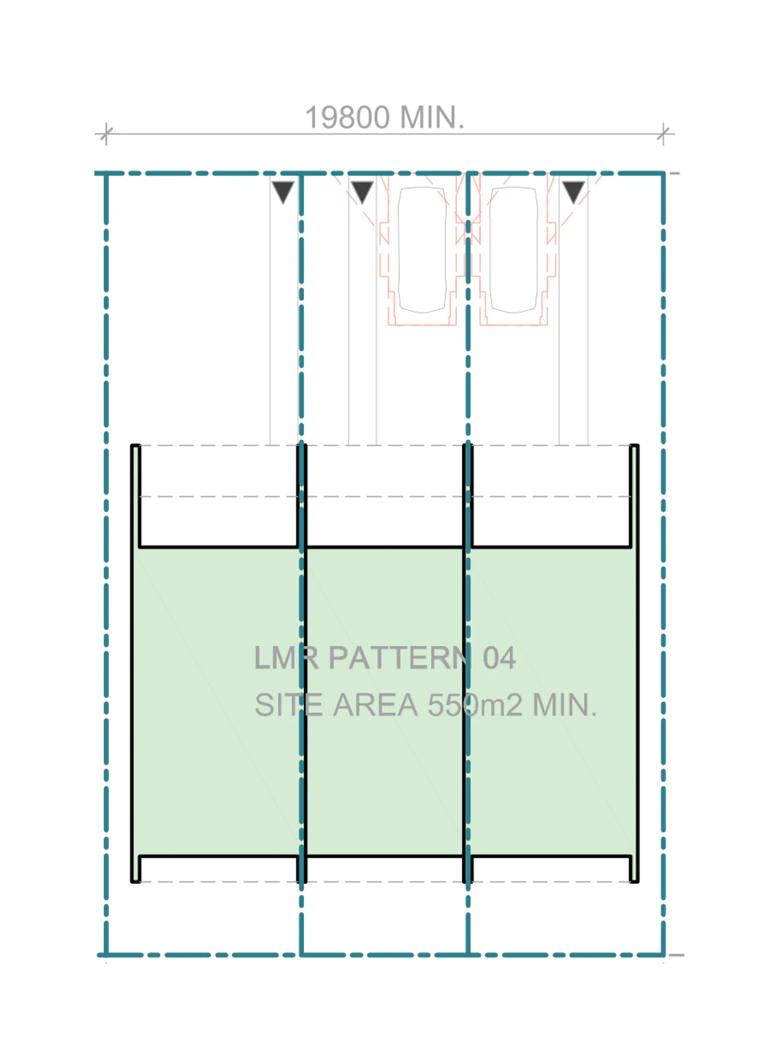 Pattern Book Terraces 03 siting plan for LMR housing area, Mid block, Pattern 04, on a site of at least 550 square metres with a frontage of about 19.8 metres and a depth of about 27.78 metres, showing three medium terraces with north facing living areas, private gardens, the hardstand car spaces in the front setback and the sloping roofs over; the whole development is 3 dwellings