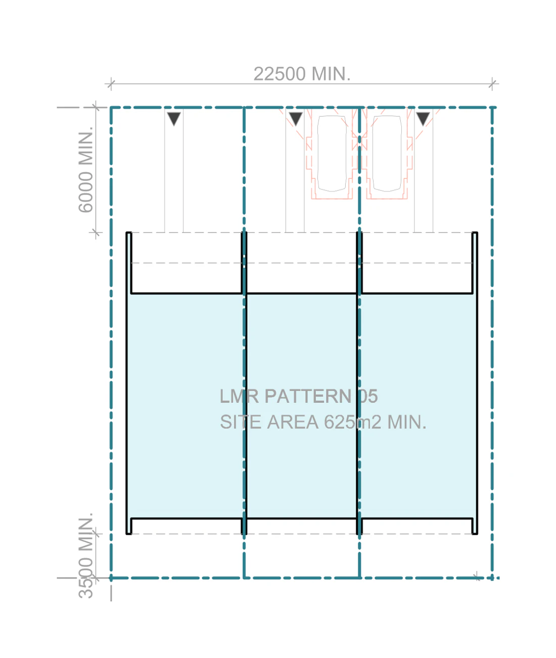 Pattern Book Terraces 03 siting plan for LMR housing area, Mid block, Pattern 05, on a site of at least 625 square metres with a frontage of about 22.5 metres and a depth of about 27.78 metres, showing three large terraces with north facing living areas, private gardens, the hardstand car spaces in the front setback and the sloping roofs over; the whole development is 3 dwellings