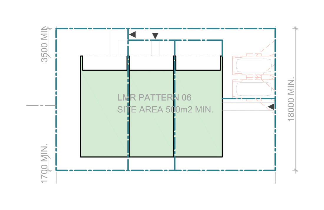 Pattern Book Terraces 03 siting plan for LMR housing area, Mid block, Pattern 06, on a site of at least 500 square metres with a frontage of about 18 metres and a depth of about 27.58 metres, showing three medium terraces with north facing living areas, private gardens, the hardstand car spaces in the front setback and the sloping roofs over; the whole development is 3 dwellings