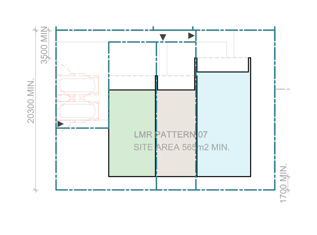 Pattern Book Terraces 03 siting plan for LMR housing area, Mid block, Pattern 07, on a site of at least 585 square metres with a frontage of about 20.3 metres and a depth of about 27.58 metres, showing a medium, a small and a large terrace with north facing living areas, private gardens, the hardstand car spaces in the front setback and the sloping roofs over; the whole development is 3 dwellings