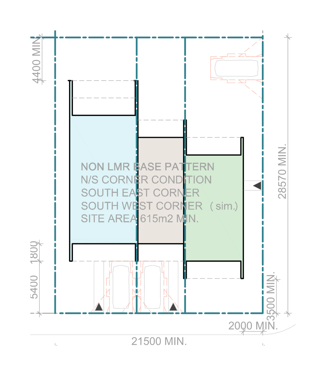 Pattern Book Terraces 03 siting plan for outside LMR housing areas, Corner site, base pattern, on a site of at least 615 square metres with a frontage of about 21.5 metres and a depth of about 28.57 metres, showing a large, a small and a medium terrace with north facing living areas, private gardens, the hardstand car spaces in the front setback and the sloping roofs over; the whole development is 3 dwellings