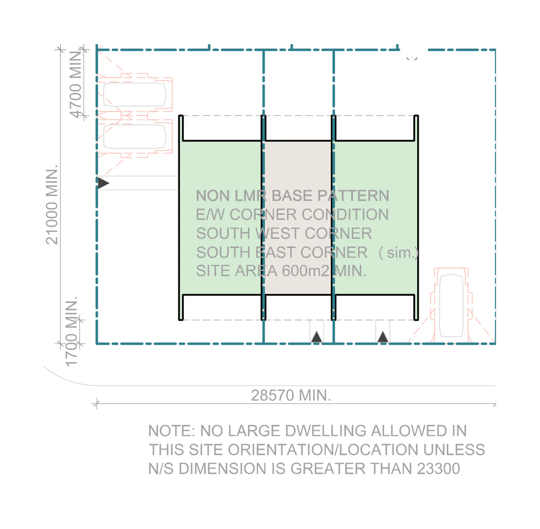 Pattern Book Terraces 03 siting plan for outside LMR housing areas, Corner site, base pattern, on a site of at least 600 square metres with a frontage of about 21 metres and a depth of about 28.57 metres, showing the base pattern terrace mix with north facing living areas, private gardens, the hardstand car spaces in the front setback and the sloping roofs over; the whole development is 3 dwellings