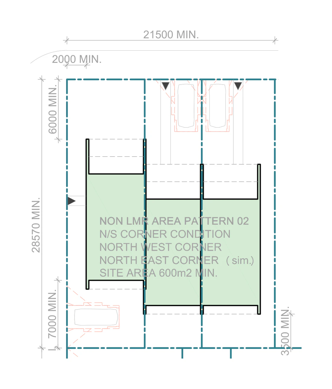 Pattern Book Terraces 03 siting plan for outside LMR housing areas, Corner site, Pattern 02, on a site of at least 615 square metres with a frontage of about 21.5 metres and a depth of about 28.57 metres, showing three medium terraces with north facing living areas, private gardens, the hardstand car spaces in the front setback and the sloping roofs over; the whole development is 3 dwellings