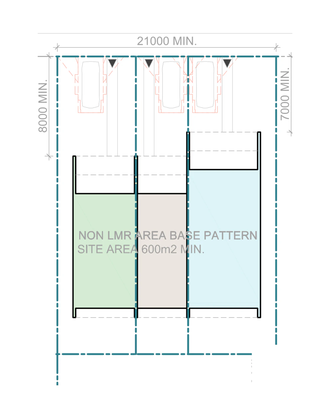 Pattern Book Terraces 03 siting plan for outside LMR housing areas, Mid block, base pattern, on a site of at least 600 square metres with a frontage of about 21 metres and a depth of about 28.57 metres, showing a medium, a small and a large terrace with north facing living areas, private gardens, the hardstand car spaces in the front setback and the sloping roofs over; the whole development is 3 dwellings