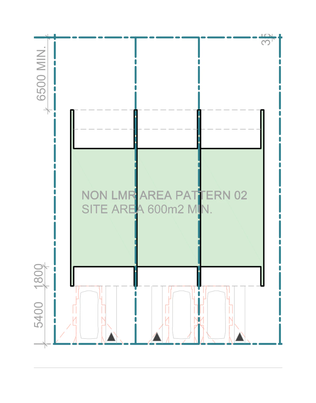 Pattern Book Terraces 03 siting plan for outside LMR housing areas, Mid block, Pattern 02, on a site of at least 600 square metres with a frontage of about 21 metres and a depth of about 28.57 metres, showing three medium terraces with north facing living areas, private gardens, the hardstand car spaces in the front setback and the sloping roofs over; the whole development is 3 dwellings